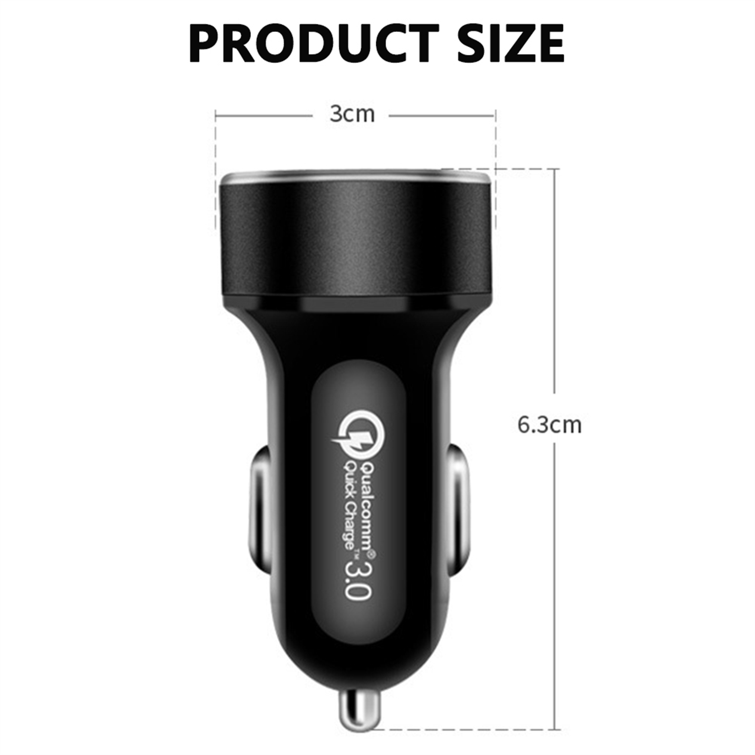 Schwarzes Autoladegerät mit weißem Text „Qualcomm Quick Charge 3.0“ und Abmessungen.