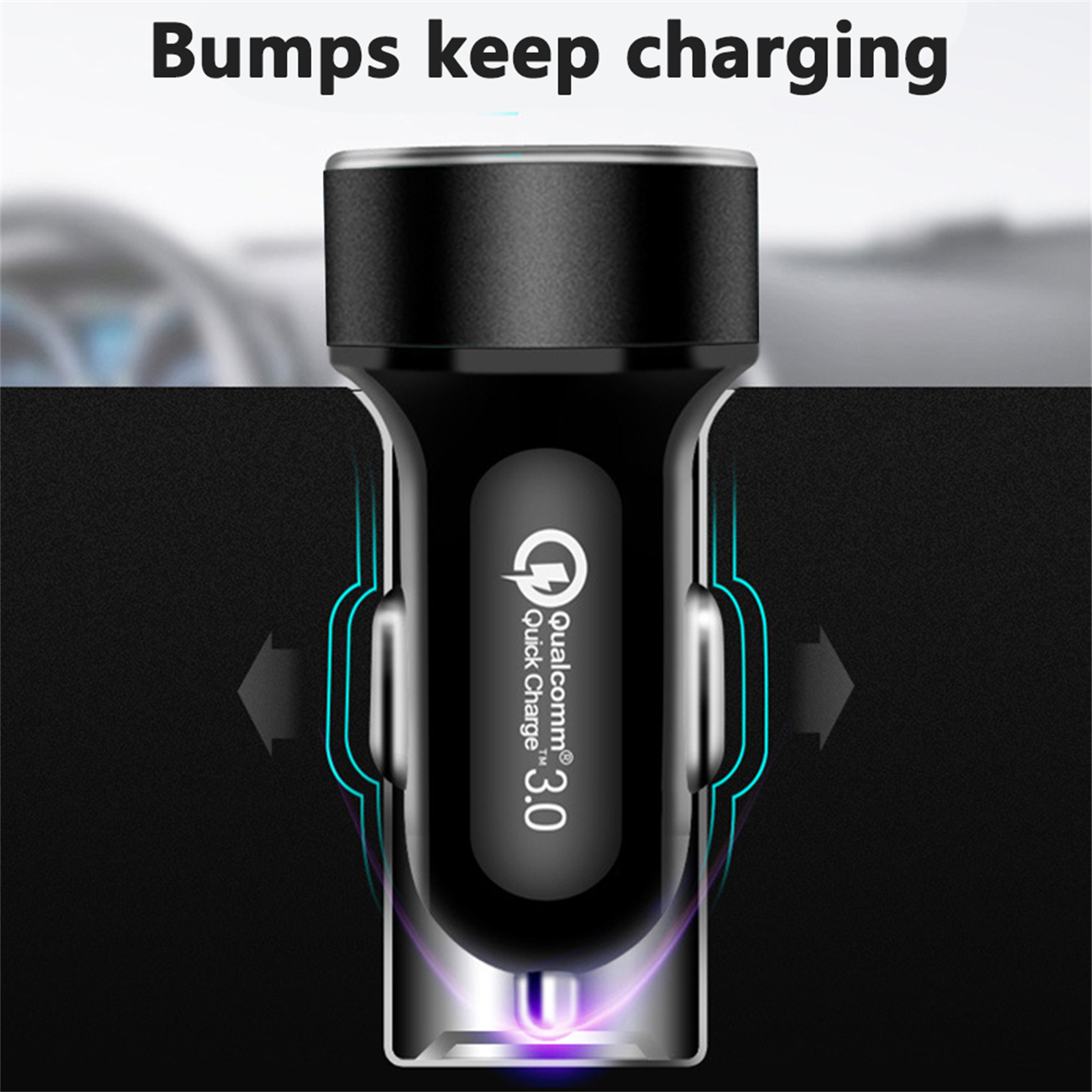 Schwarzes Autoladegerät mit Qualcomm Quick Charge 3.0 Logo. Pfeile zeigen die Ladung an.