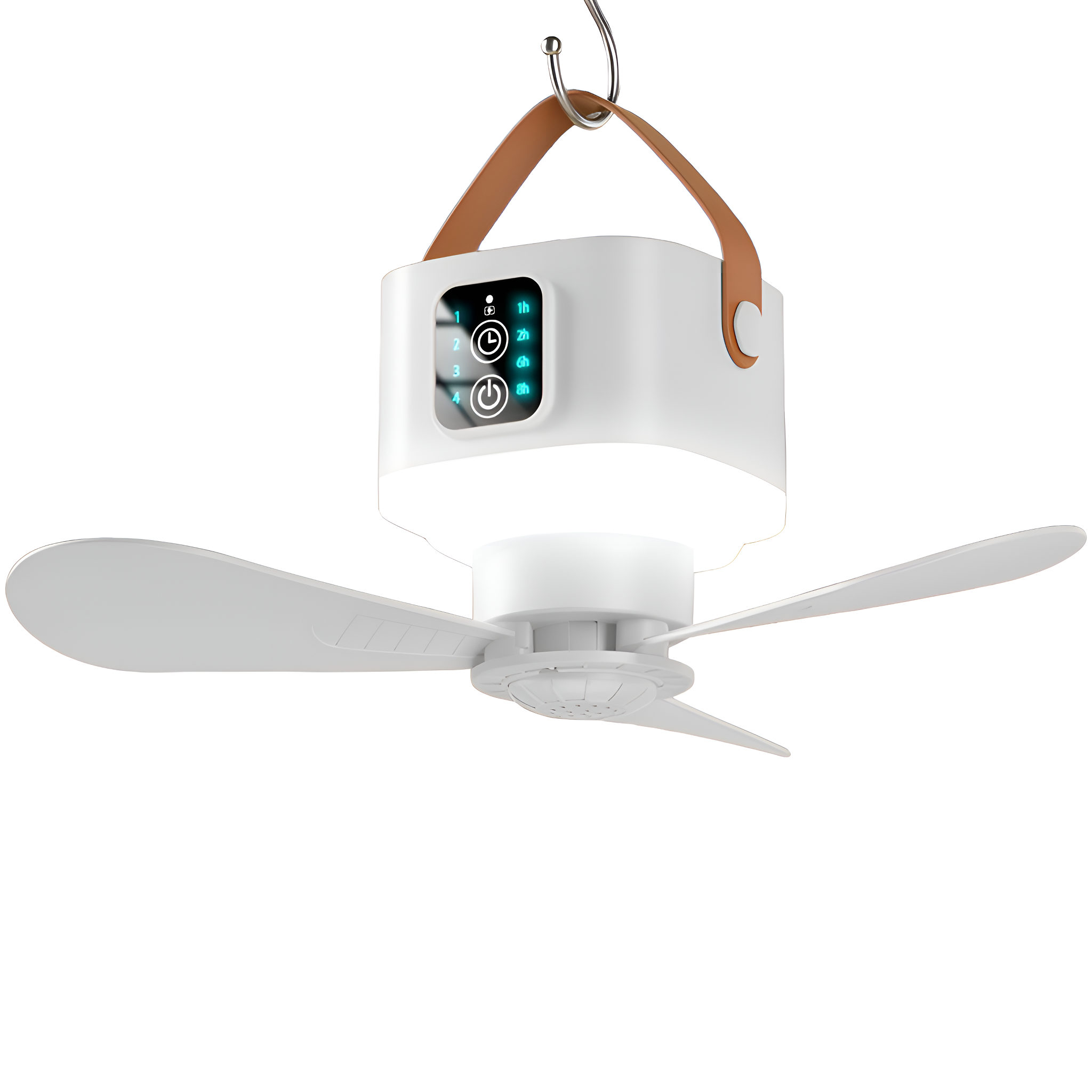 Weißer Deckenventilator mit Lichtern und Griff, an einem Haken hängend.