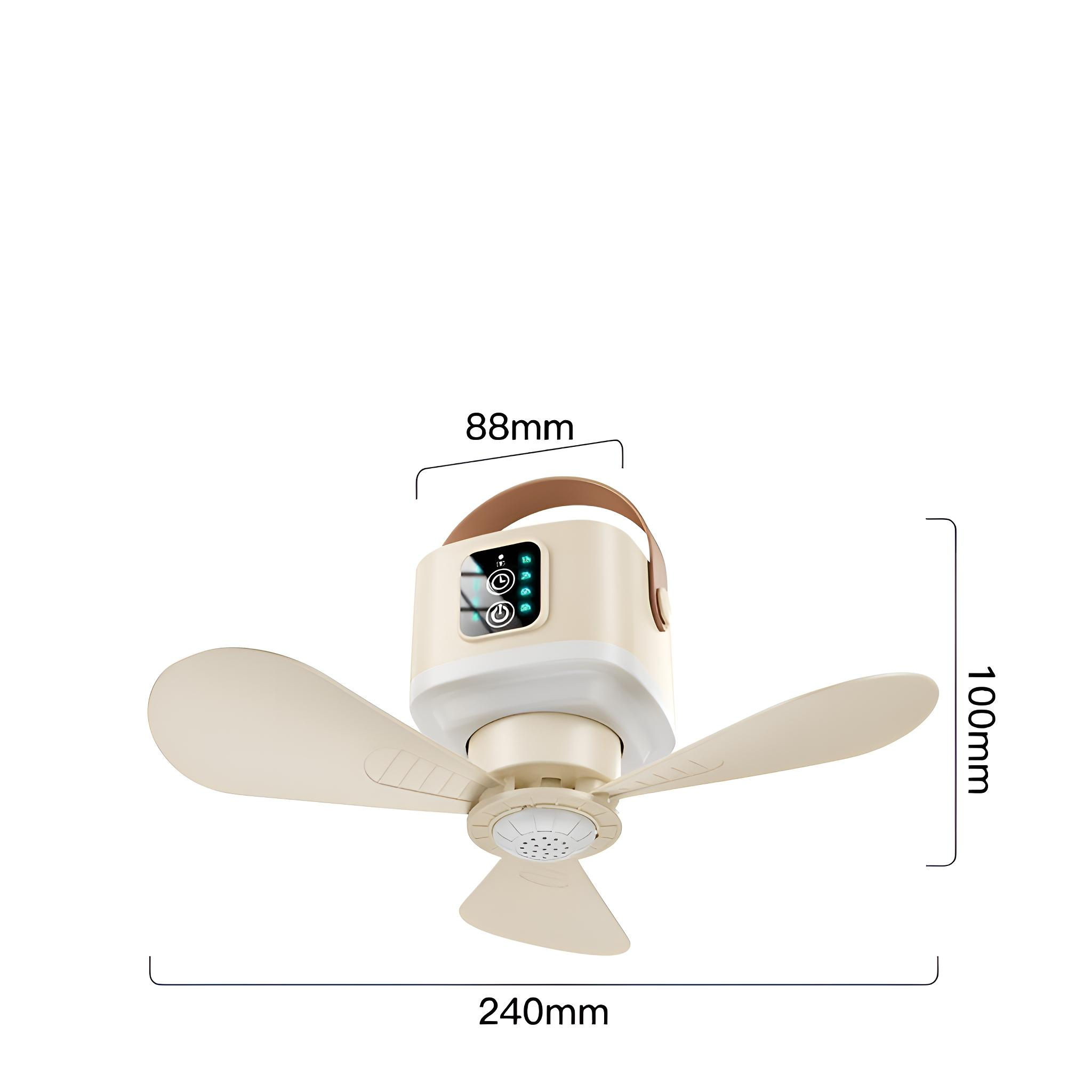 Ein beige-weißer Deckenventilator mit beschrifteten Abmessungen. Der Ventilator hat drei Flügel und einen kleinen Griff.