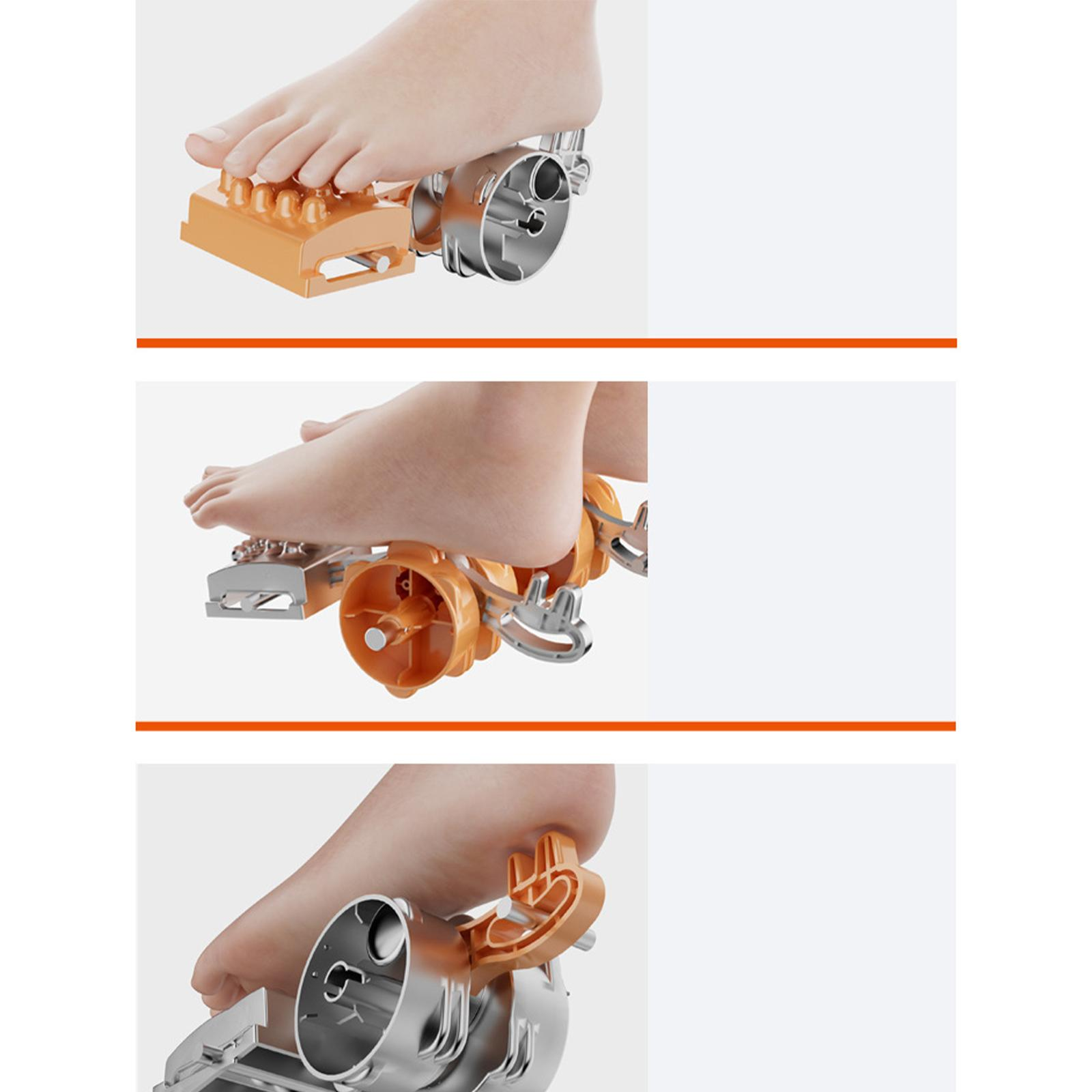 Drei Bilder, die einen Fuß zeigen, der von einem Fußmassagegerät massiert wird. Die Maschine ist orange und silber.