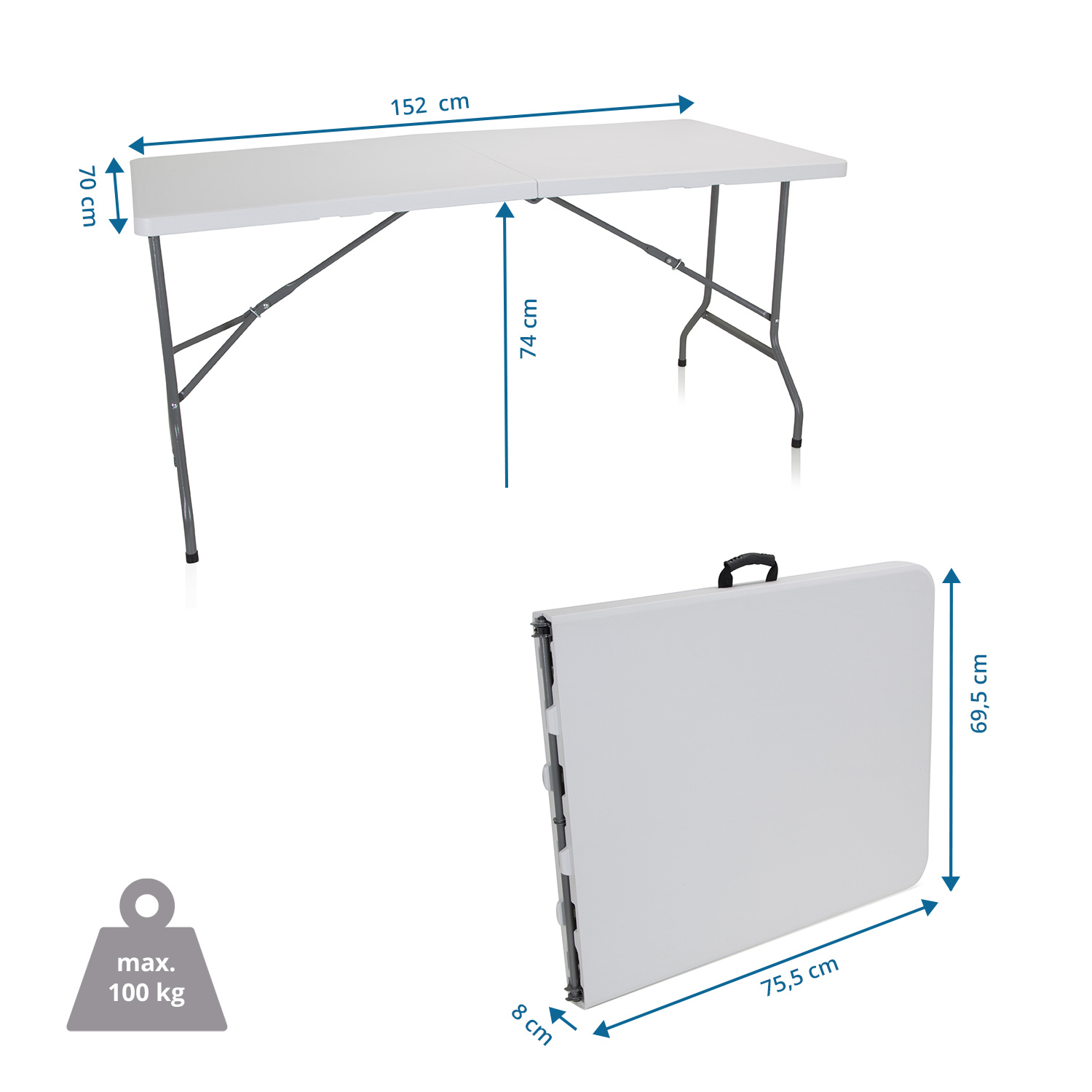 Weißer Klapptisch, ausgeklappt und zusammengeklappt, mit Maßen und einem Maximalgewichtsetikett.