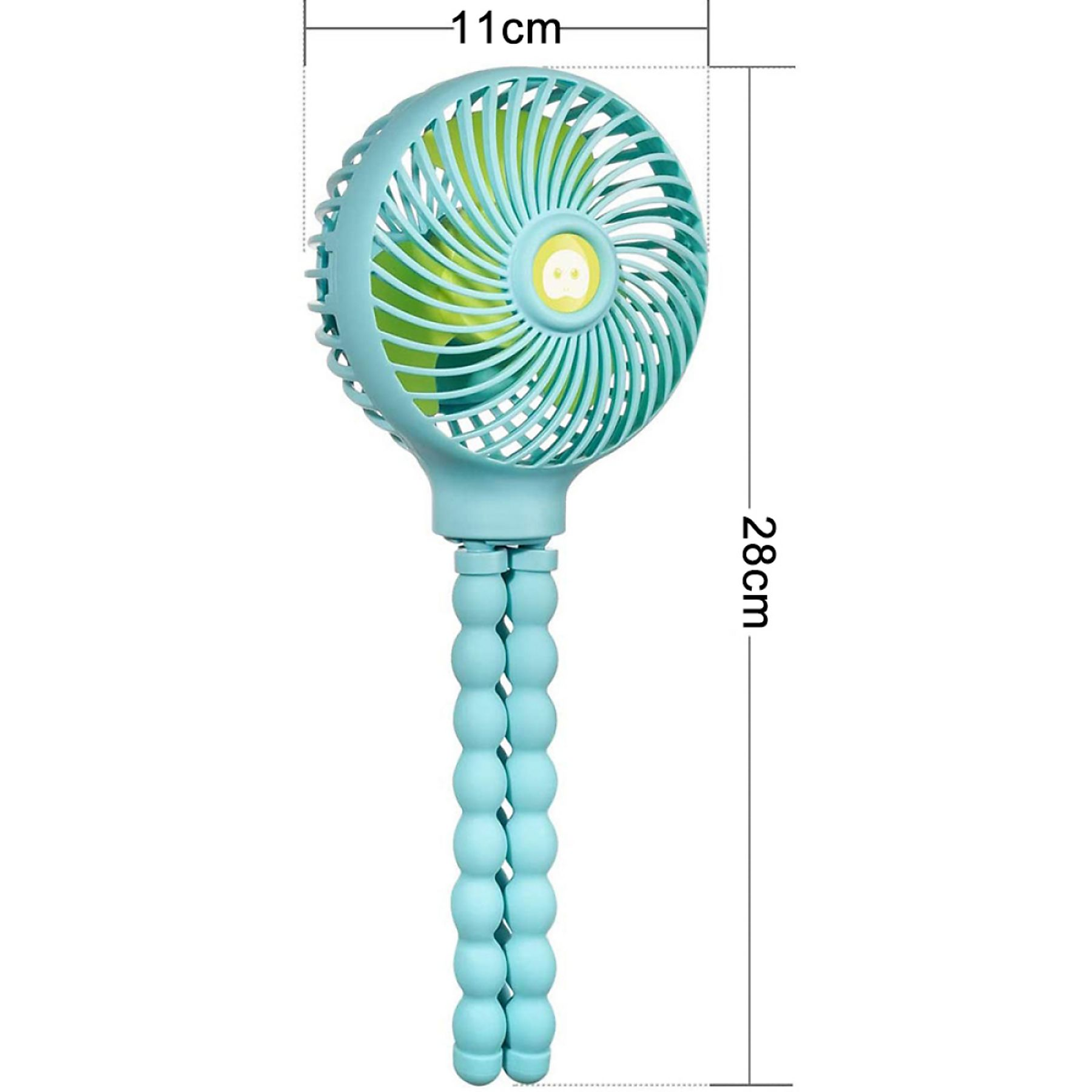 Blauer Ventilator mit flexiblem Ständer, Abmessungen: 11cm x 28cm.