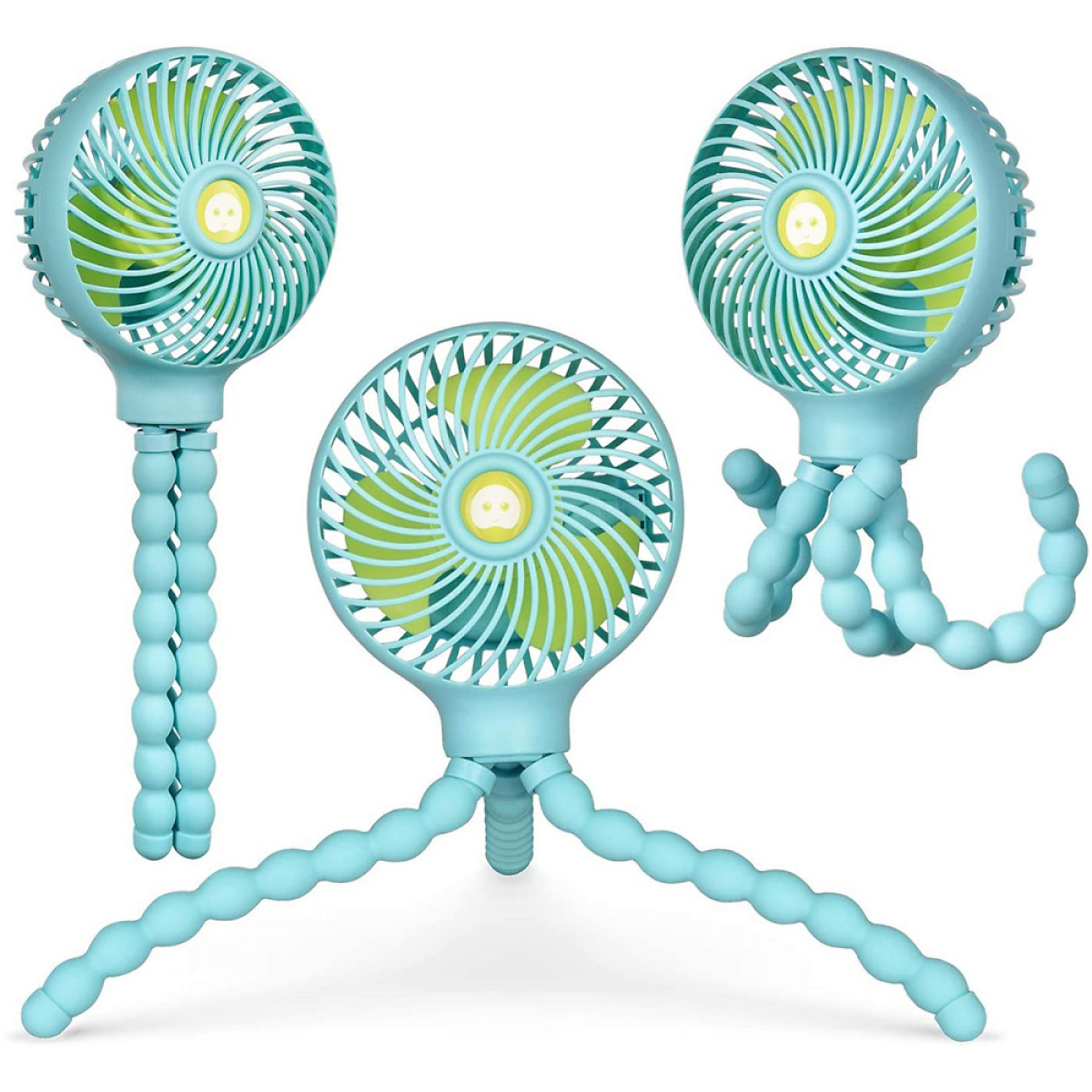 Drei blaue Oktopus-Ventilatoren mit flexiblen Beinen, vor weißem Hintergrund angeordnet.