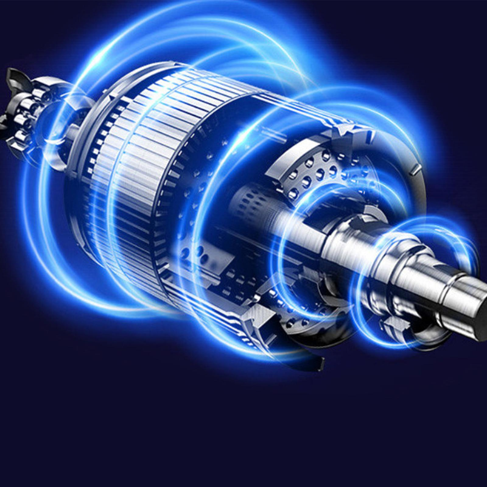 Nahaufnahme eines Elektromotorkerns, silbernes Metall mit blauen Energielinien, die die Komponenten umgeben.