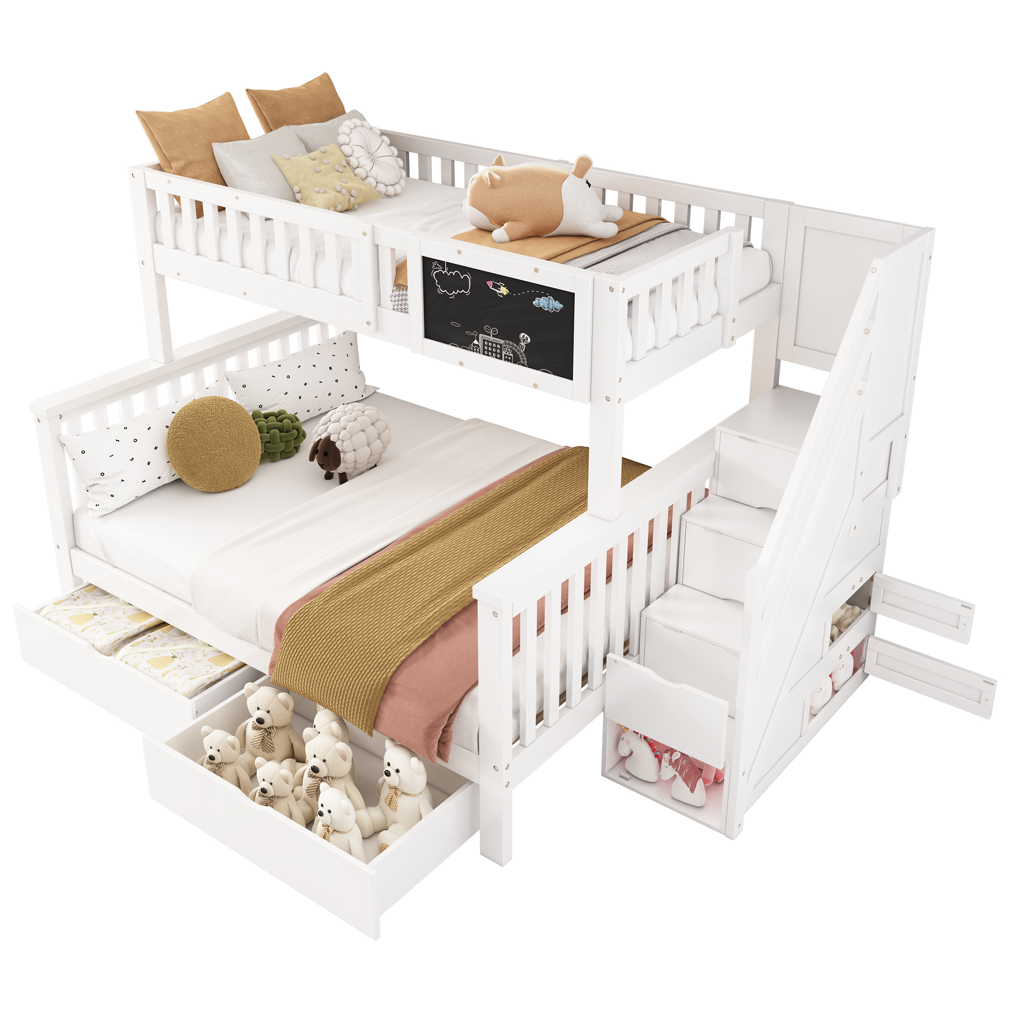 Ein weißes Etagenbett mit Schubladen, einer Tafel und Spielzeug. Das Bett hat eine Treppe und weißen Hintergrund.