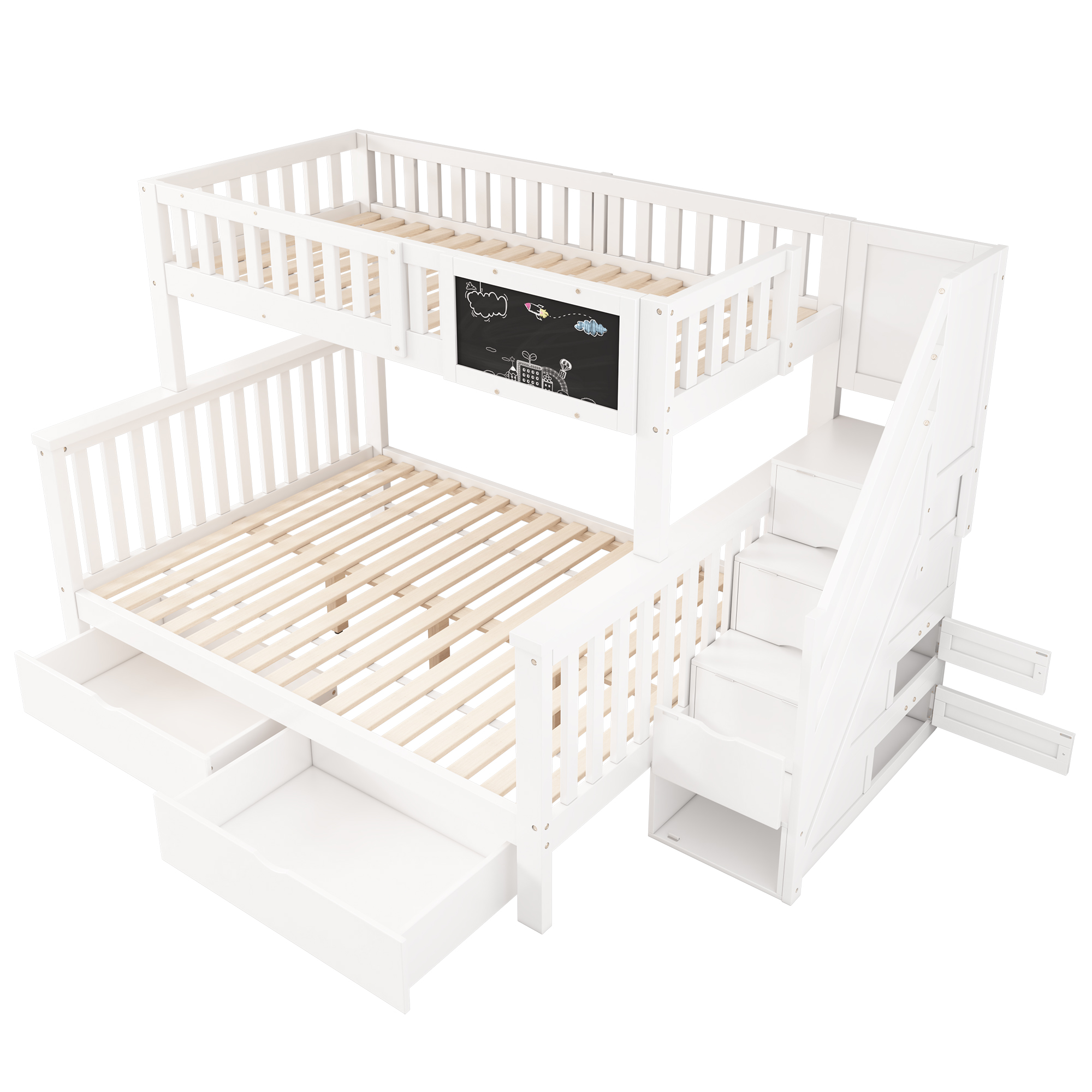 Ein weißes Etagenbett mit Schubladen und einer Tafel. Es hat eine Treppe und einen weißen Hintergrund.