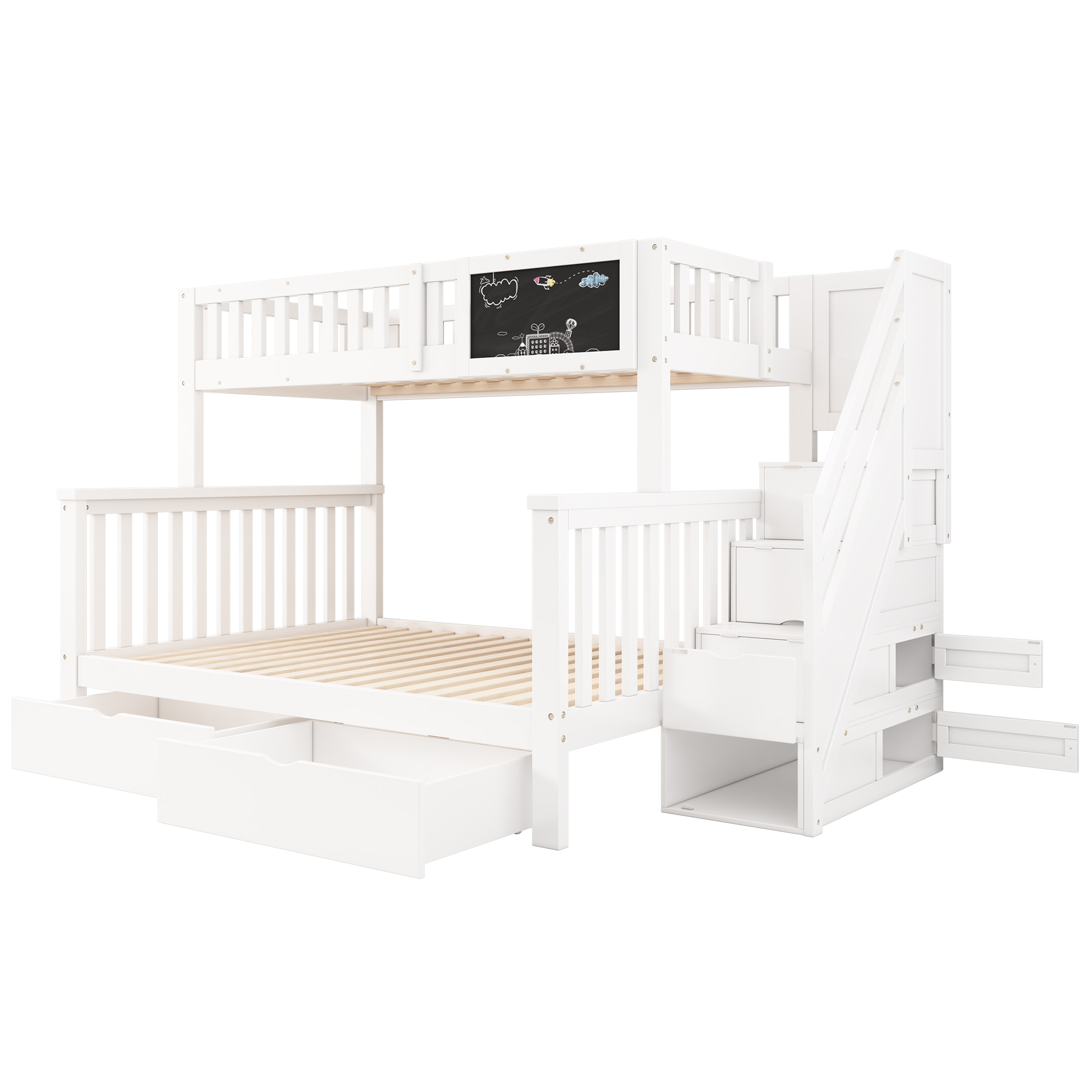 Ein weißes Etagenbett mit Schubladen, einer Tafel und einer Treppe. Der Hintergrund ist weiß.