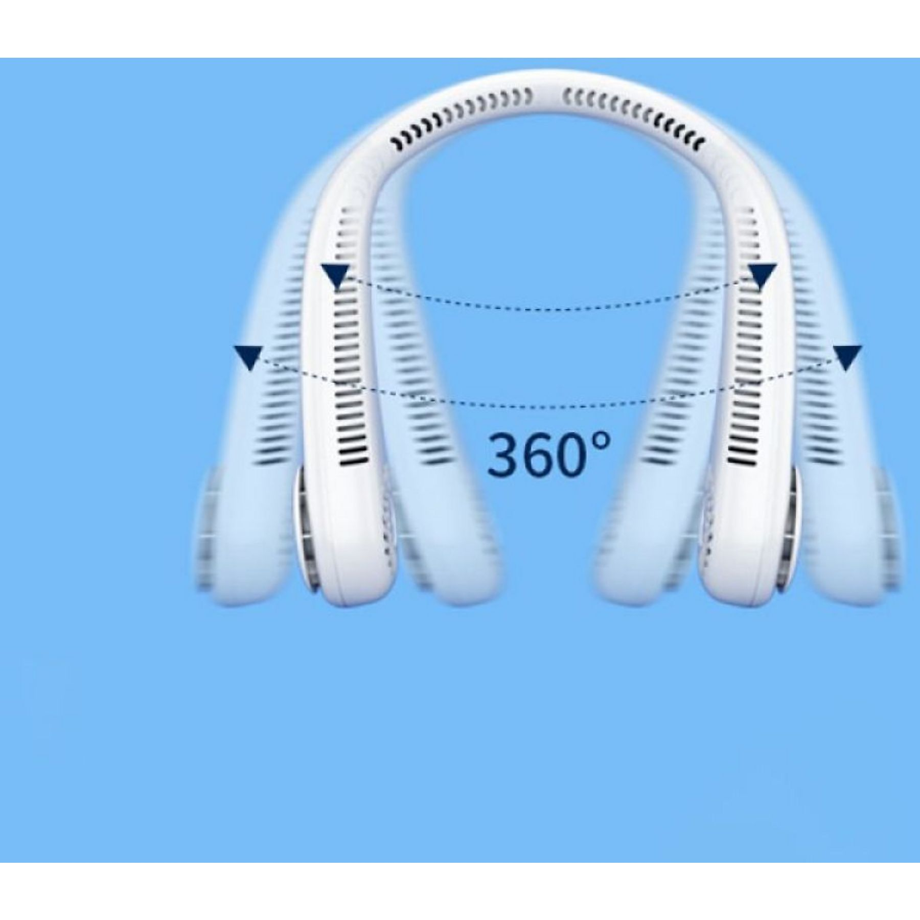 Ein weißer Nackenventilator auf blauem Hintergrund. Er hat ein 360°-Etikett und ist in Bewegung, verschwommen.