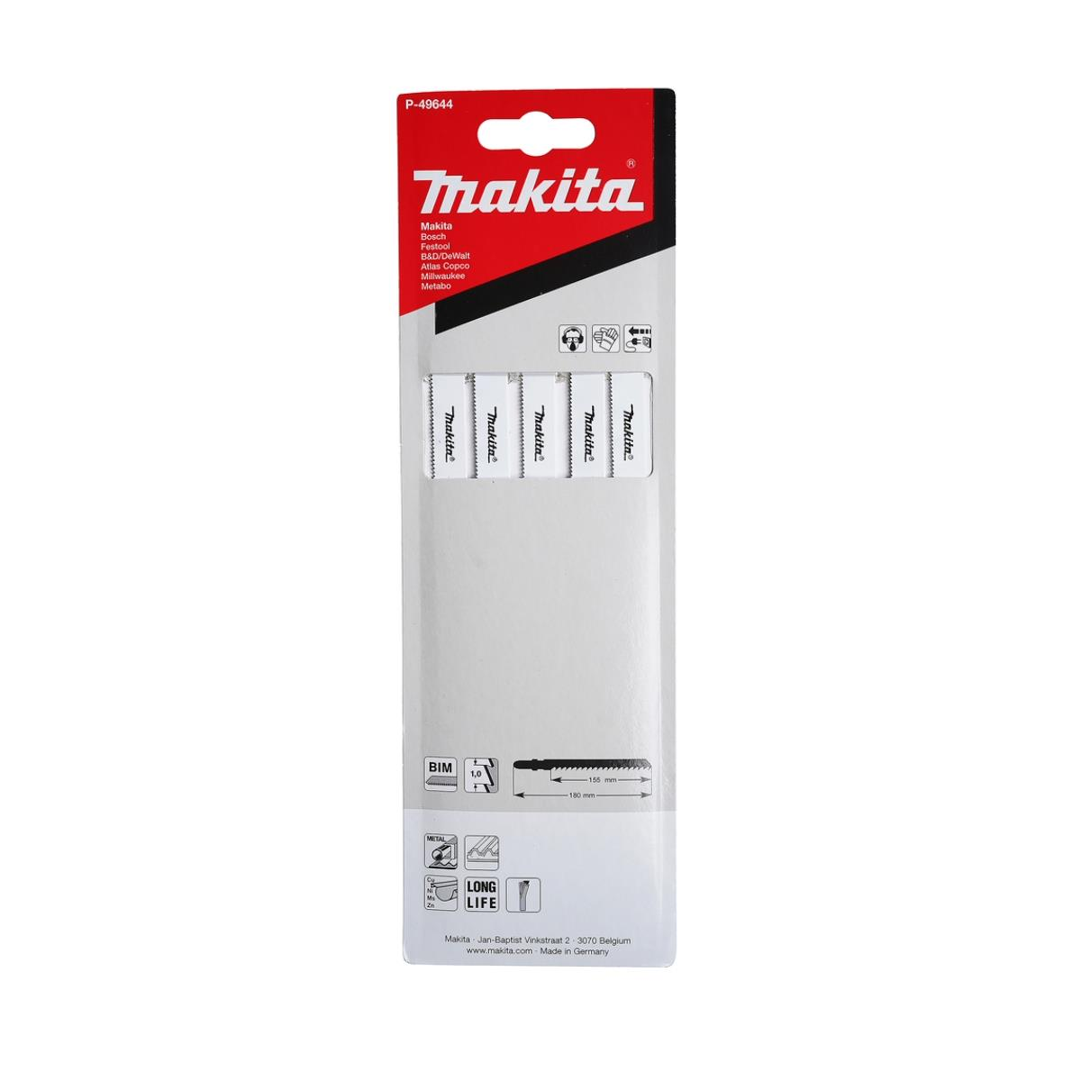 Eine Packung mit fünf Makita-Sägeblättern auf weißem Hintergrund.