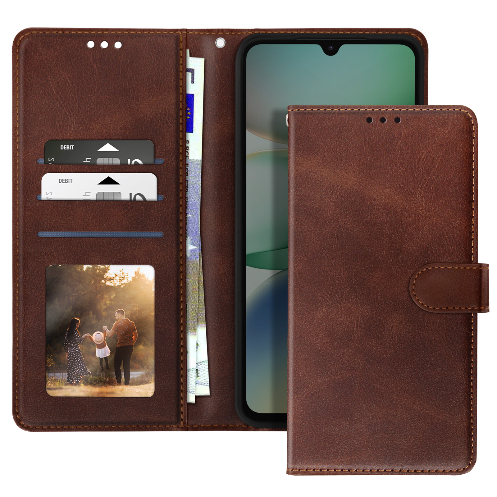 Custodia per telefono in pelle marrone aperta con carte, denaro e foto di famiglia.