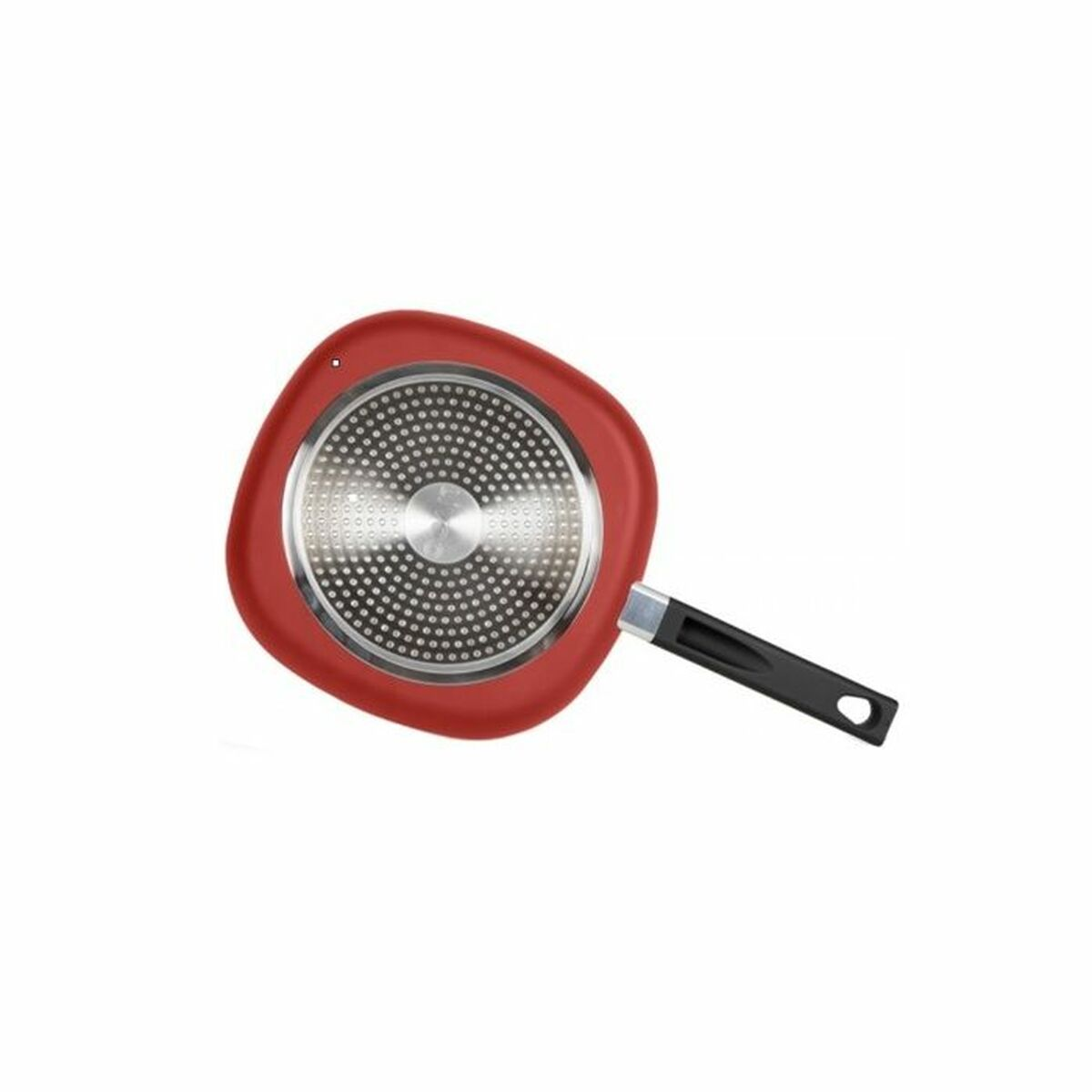 Rote und schwarze Grillpfanne, die Unterseite mit schwarzem Griff.