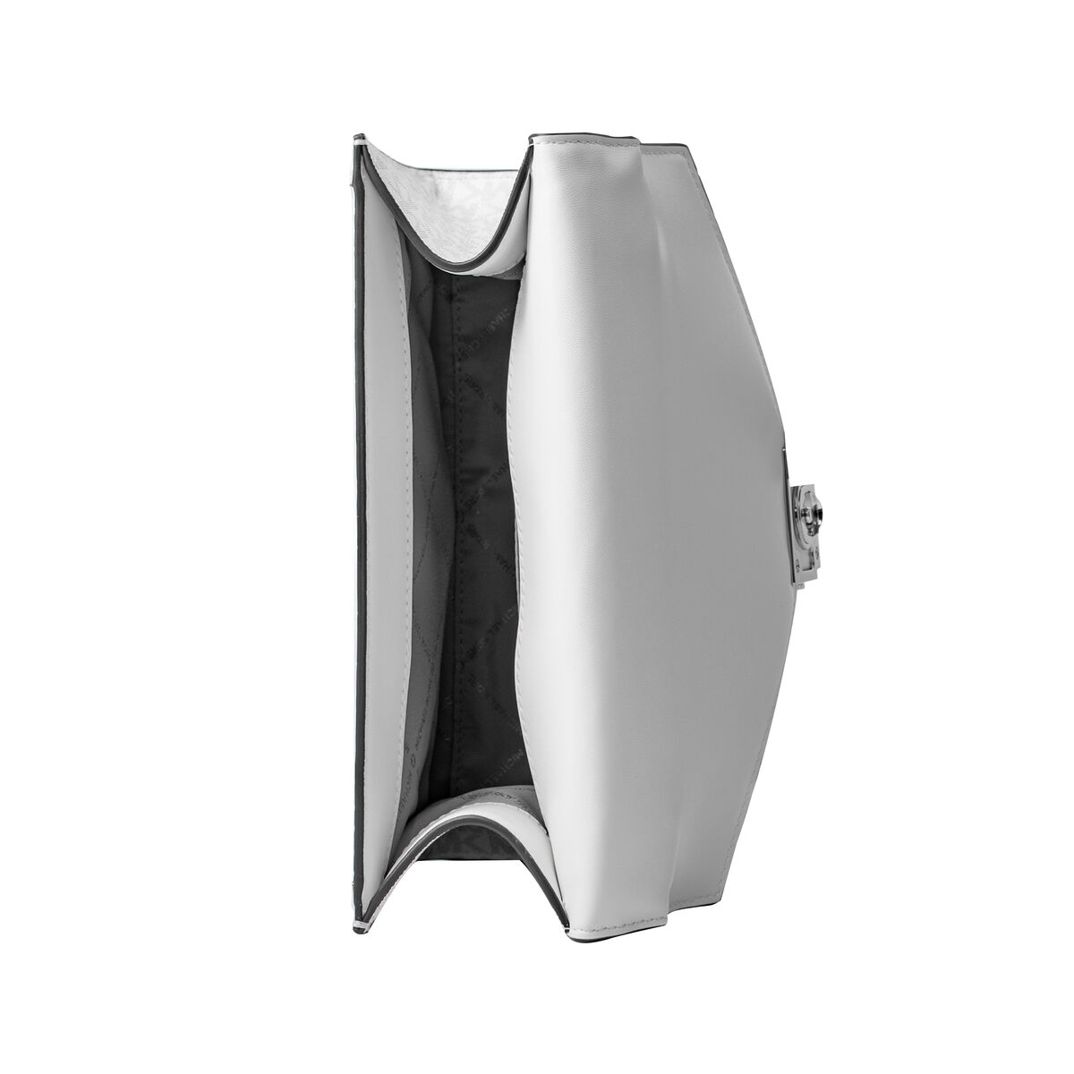 Offene weiße Handtasche mit silbernem Verschluss. Zeigt die Innenseite der Tasche.