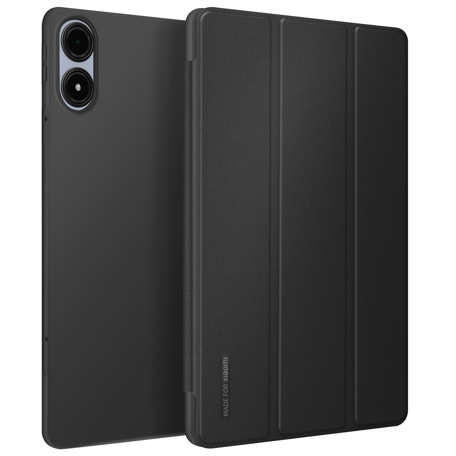 Tablet nero con custodia nera. Custodia aperta. Sfondo bianco.