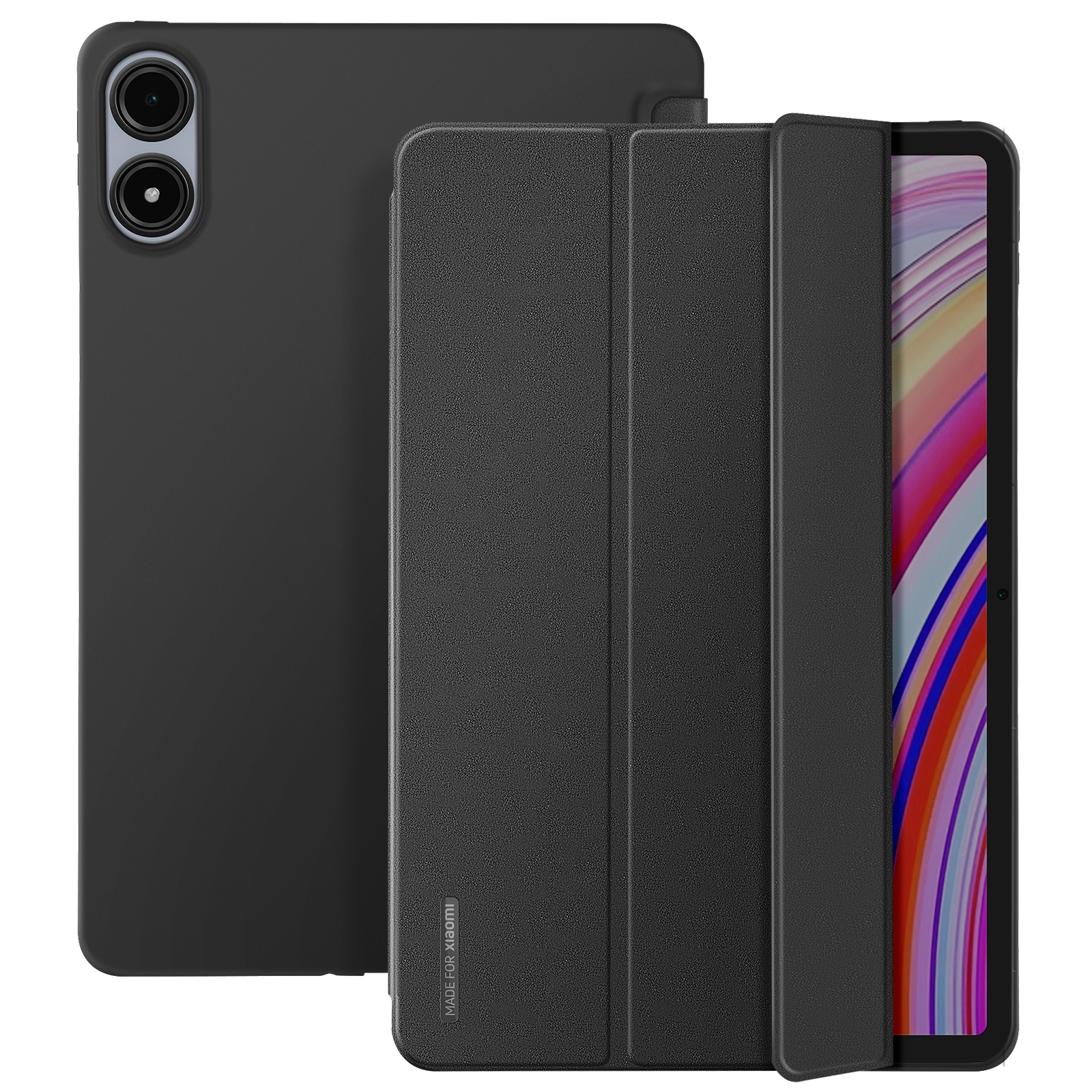 Tablet e custodia neri. Vista laterale del tablet. Scritta 'Made for Xiaomi' sulla custodia. Sfondo bianco.