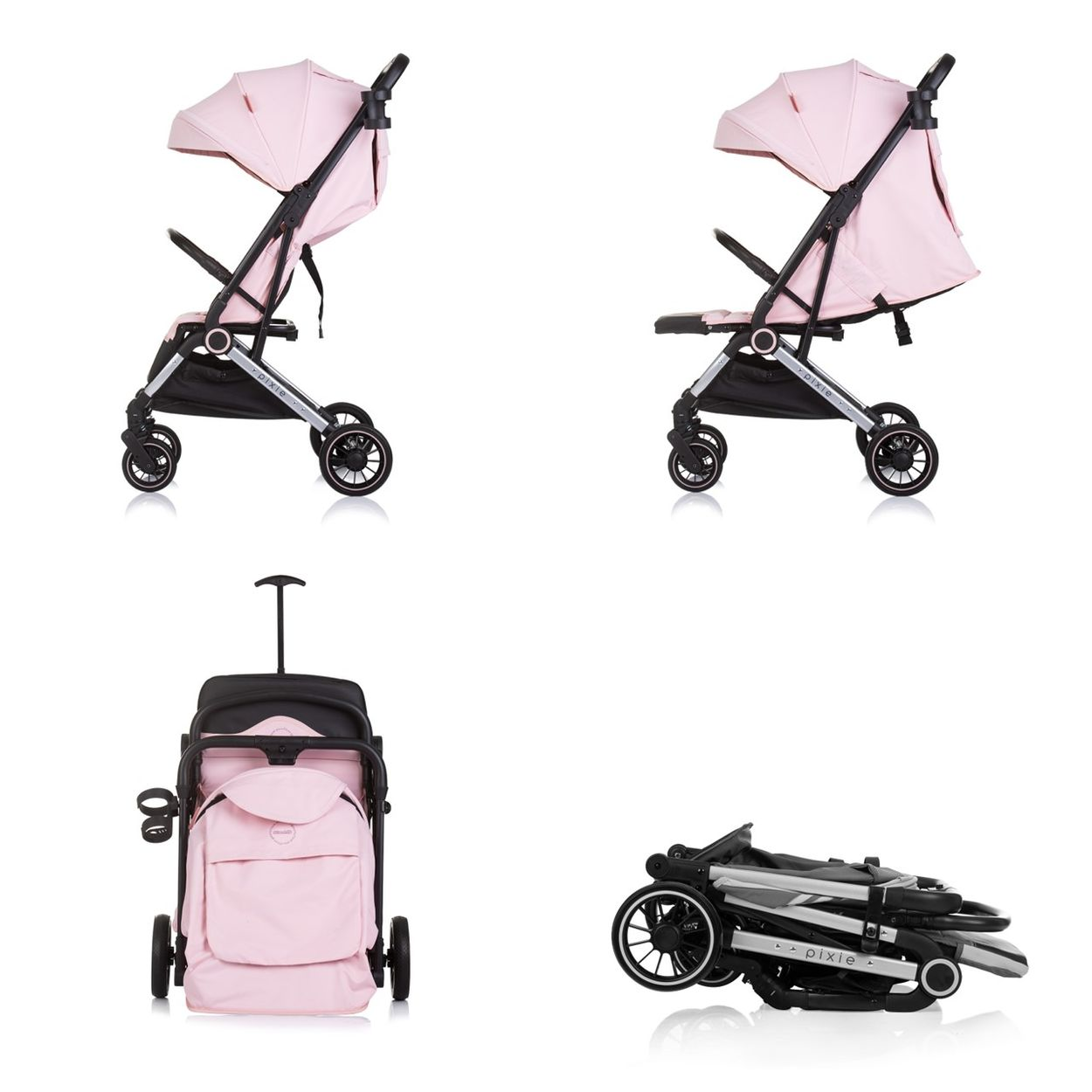 Rosa Kinderwagen in mehreren Ansichten. Schwarzer Rahmen, rosa Verdeck und Räder. Weißer Hintergrund.
