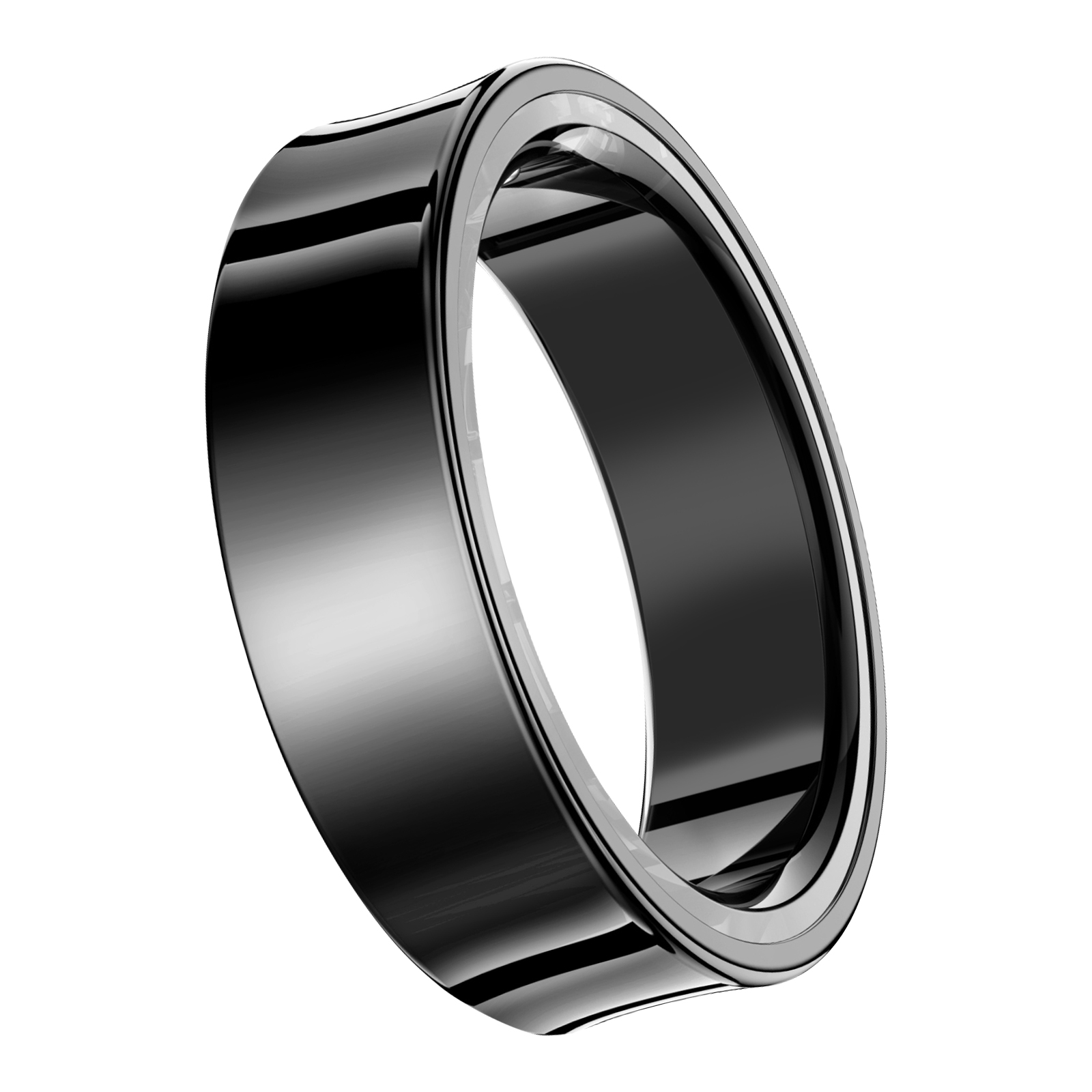 Ein schwarzer Ring mit einem metallisch-silbernen Innenband. Der Ring ist leicht angewinkelt. Weißer Hintergrund.