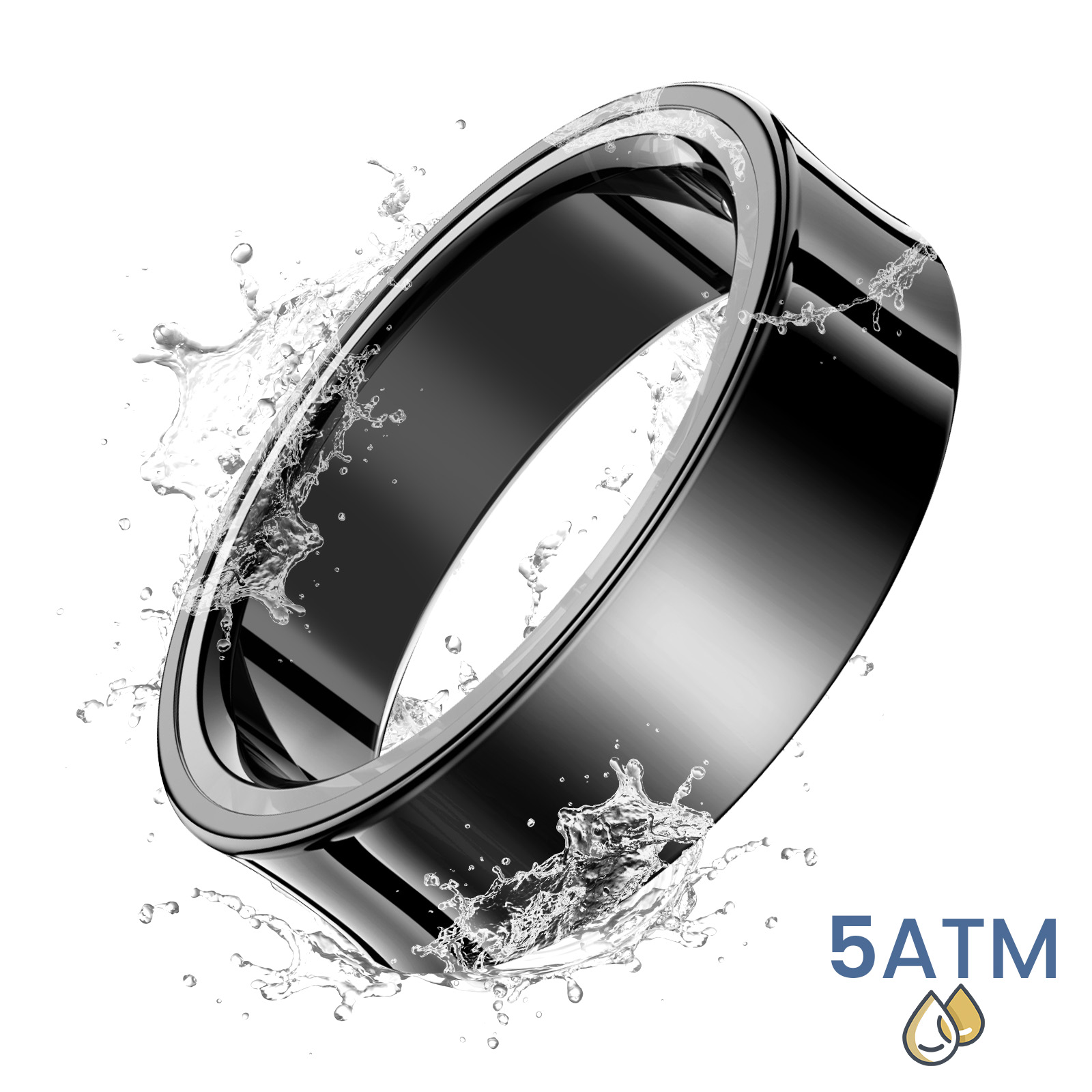 Ein schwarzer Ring mit silbernem Innenband, umgeben von Wasserspritzern. Weißer Hintergrund mit 5ATM und Wassertropfen-Symbol.