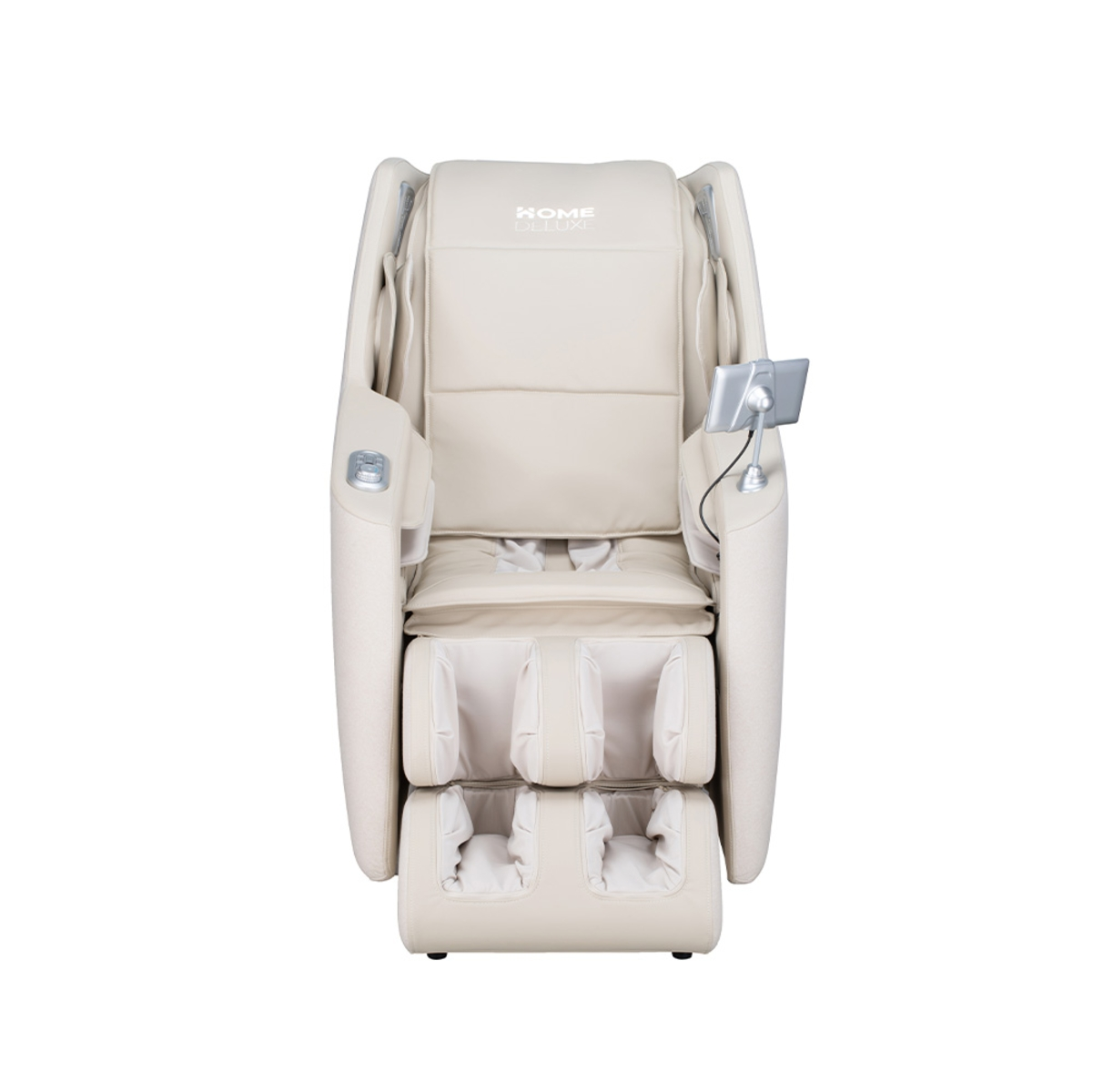 Beiger Massagesessel mit Fuß- und Kopfstütze und einem kleinen Tablet.