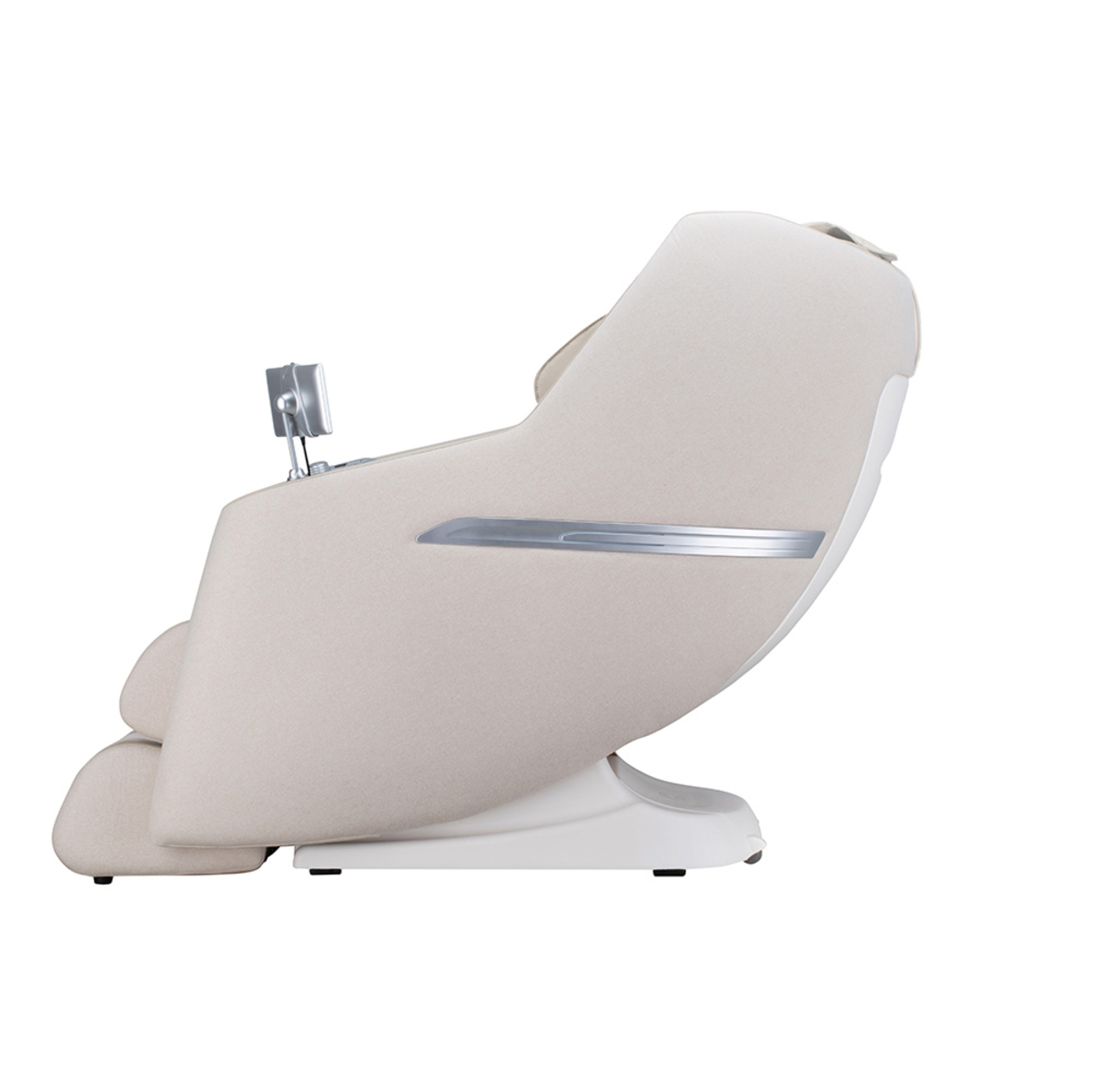 Beiger Massagesessel, Seitenansicht, mit Armlehne, Kopfstütze und Tablet.