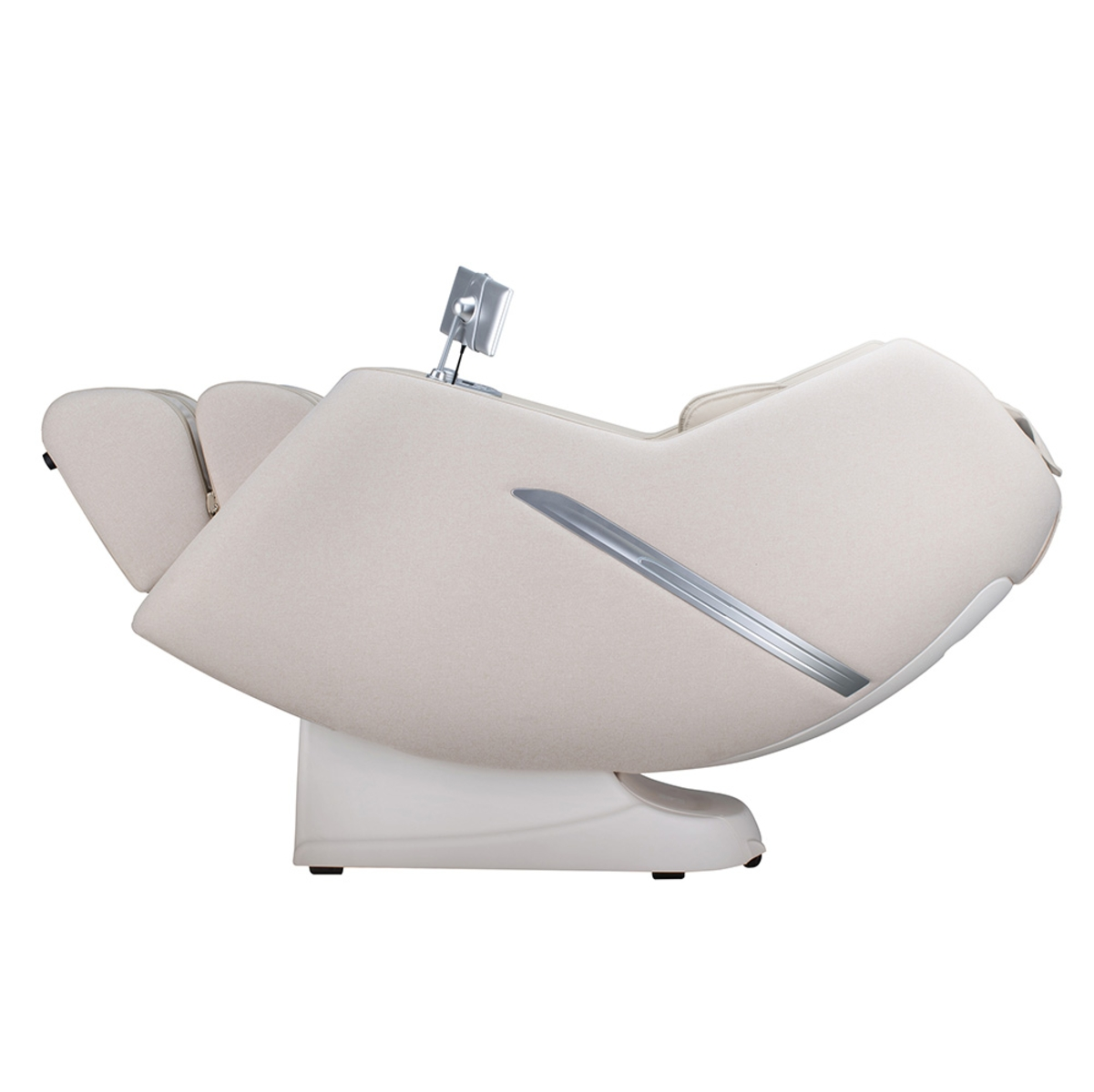 Beiger Massagesessel, Seitenansicht, mit Armlehne und Kopfstütze.