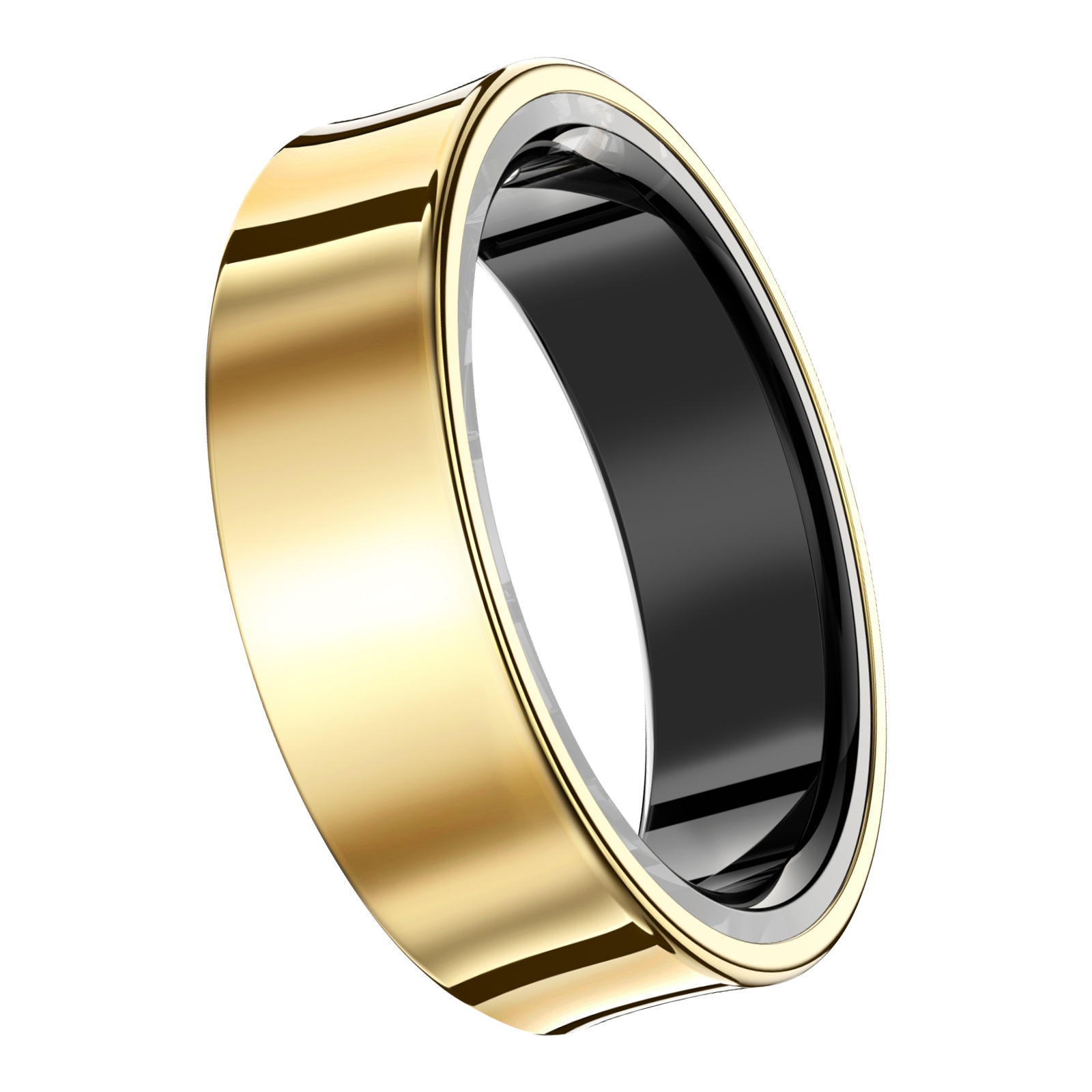 Ein goldener Ring mit einem schwarzen Innenband. Der Ring ist leicht angewinkelt. Weißer Hintergrund.