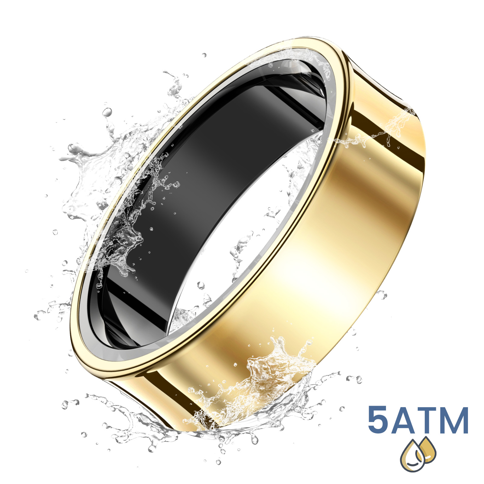 Goldener und schwarzer Smartring mit Wasserspritzern und '5ATM'-Etikett.