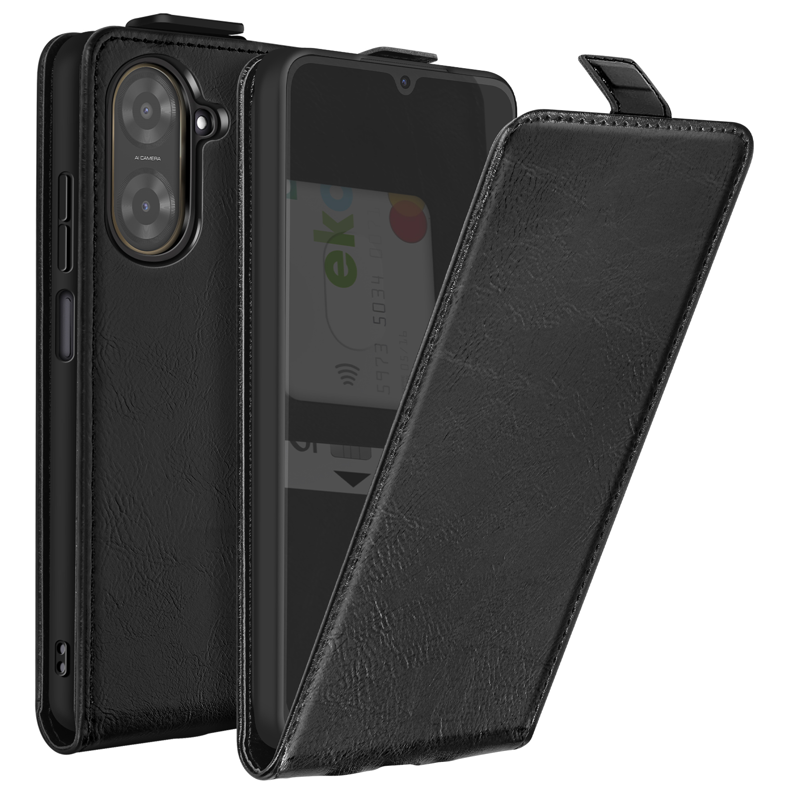 Una custodia per telefono nera con una cover a ribalta. Lo schermo mostra una carta di credito. Sfondo bianco.