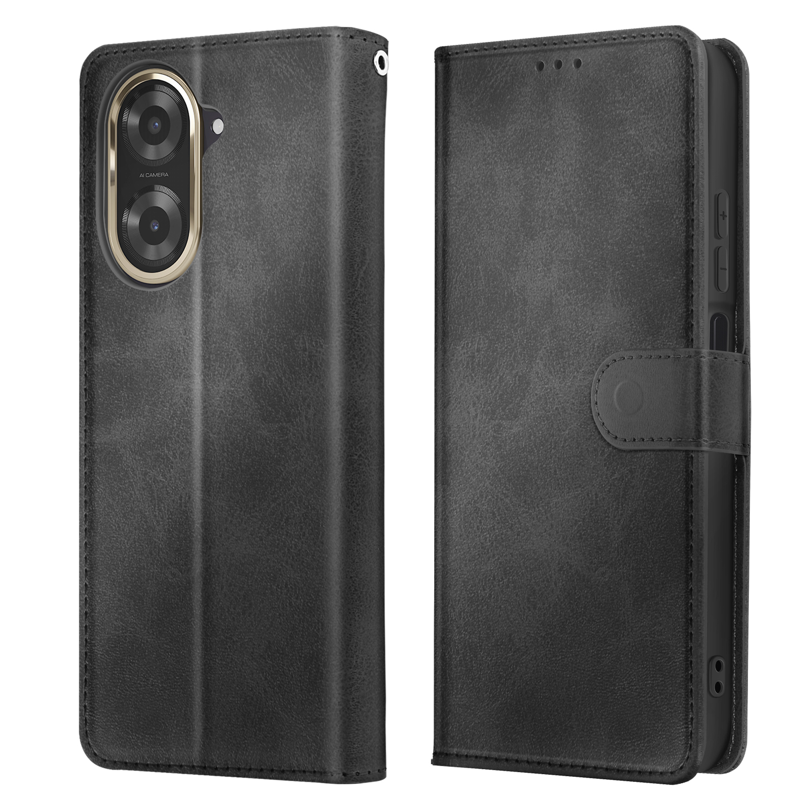 Custodia per telefono in pelle nera, aperta e chiusa, con fotocamera e slot per schede.