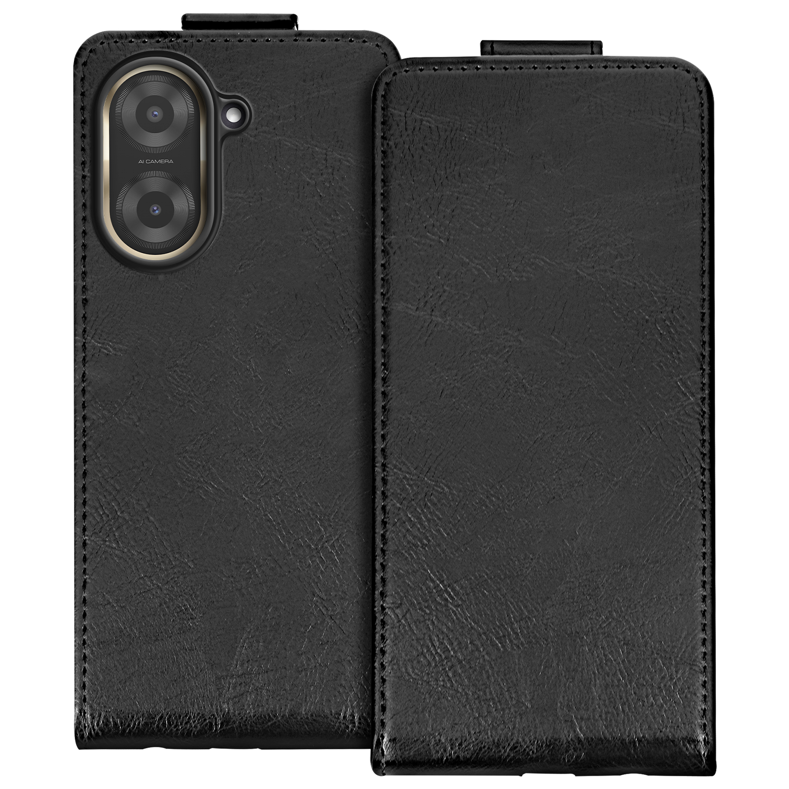 Custodia per telefono in pelle nera, aperta e chiusa, con fotocamera e un piccolo design.