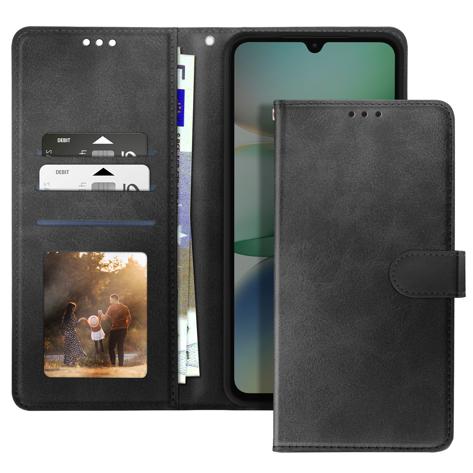 Custodia per telefono in pelle nera, aperta, con carte, denaro e foto di famiglia.