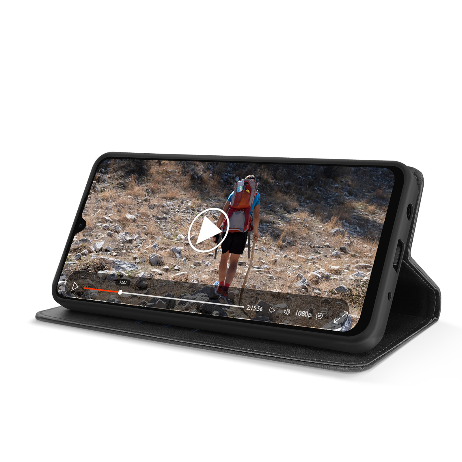 Telefono che mostra un video di un'escursionista su un sentiero. Il telefono è in una custodia folio nera, aperta.