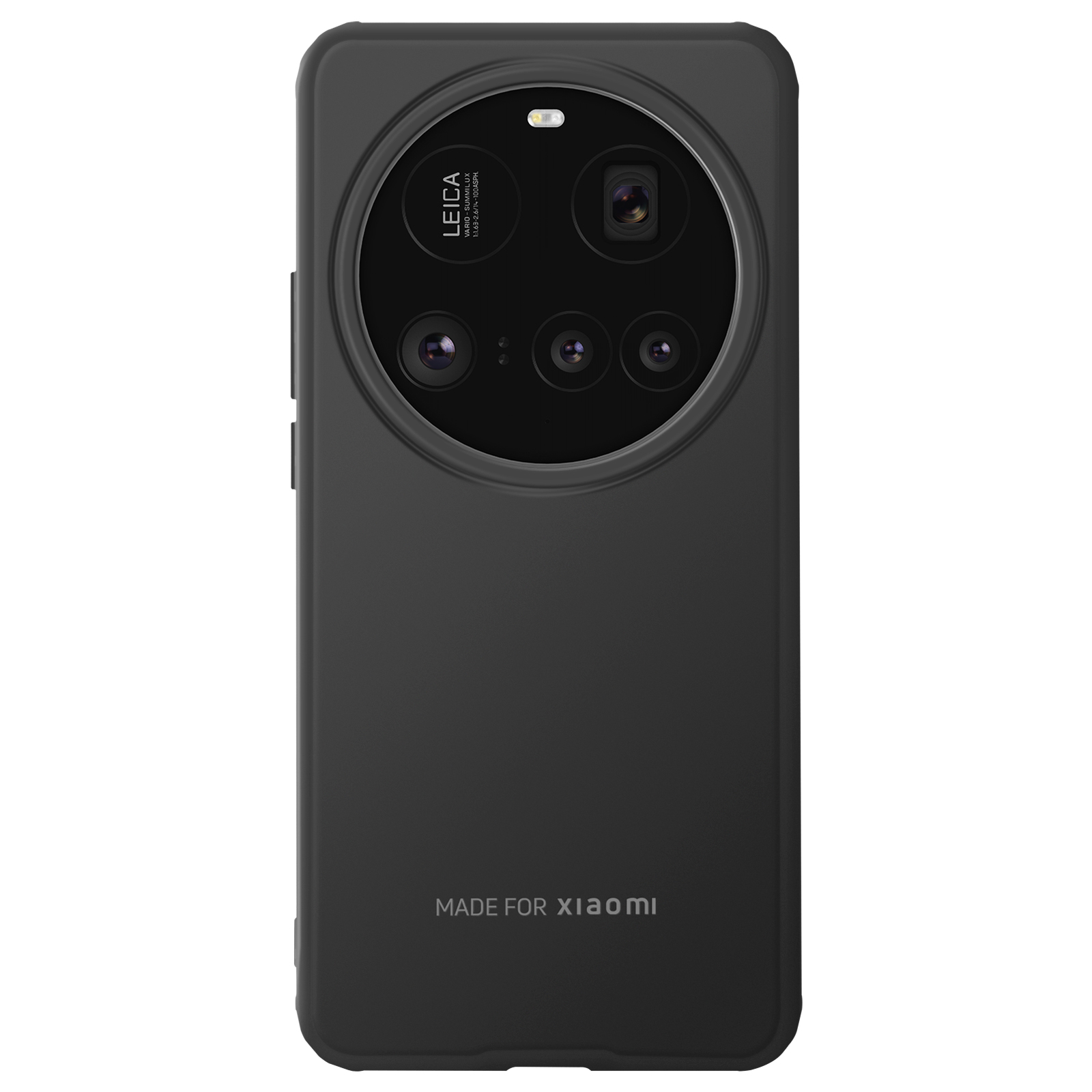 Schwarze Telefonrückseite mit mehreren Kameralinsen, Made for Xiaomi-Text, schwarzem Rahmen und Oberfläche.