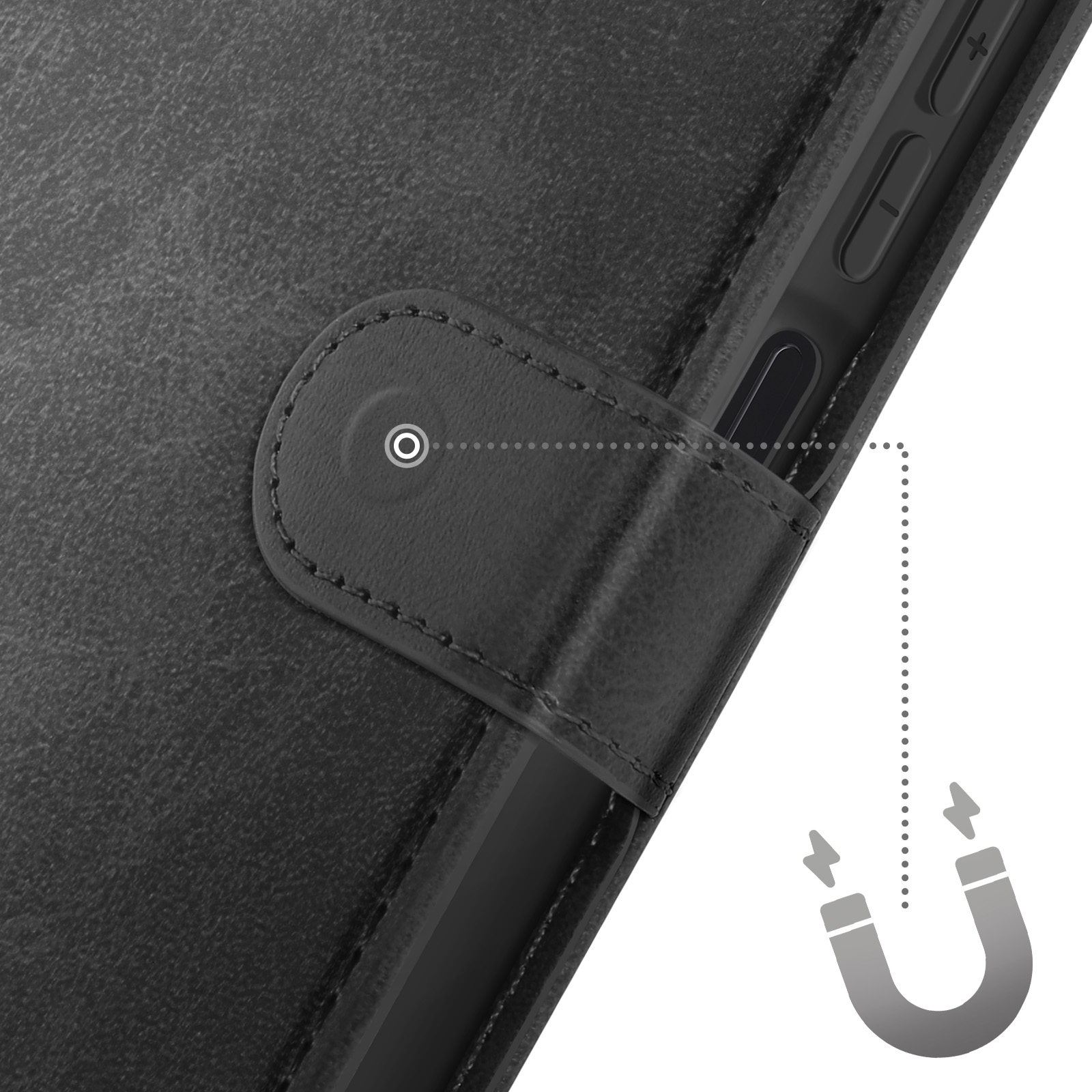 Custodia in pelle nera con chiusura magnetica e telefono all'interno.
