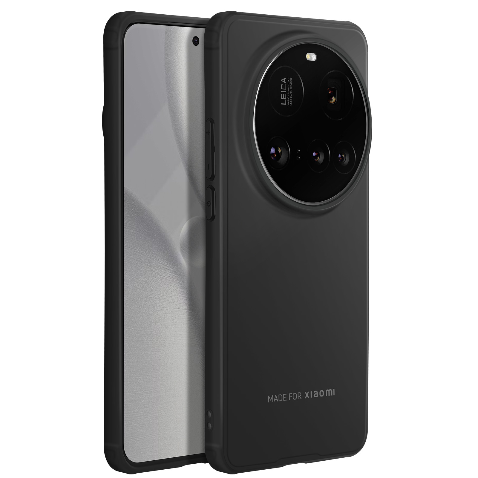 Schwarze Telefonrückseite, mehrere Kameralinsen, Made for Xiaomi-Text, schwarzer Rahmen, auf weißem Grund.