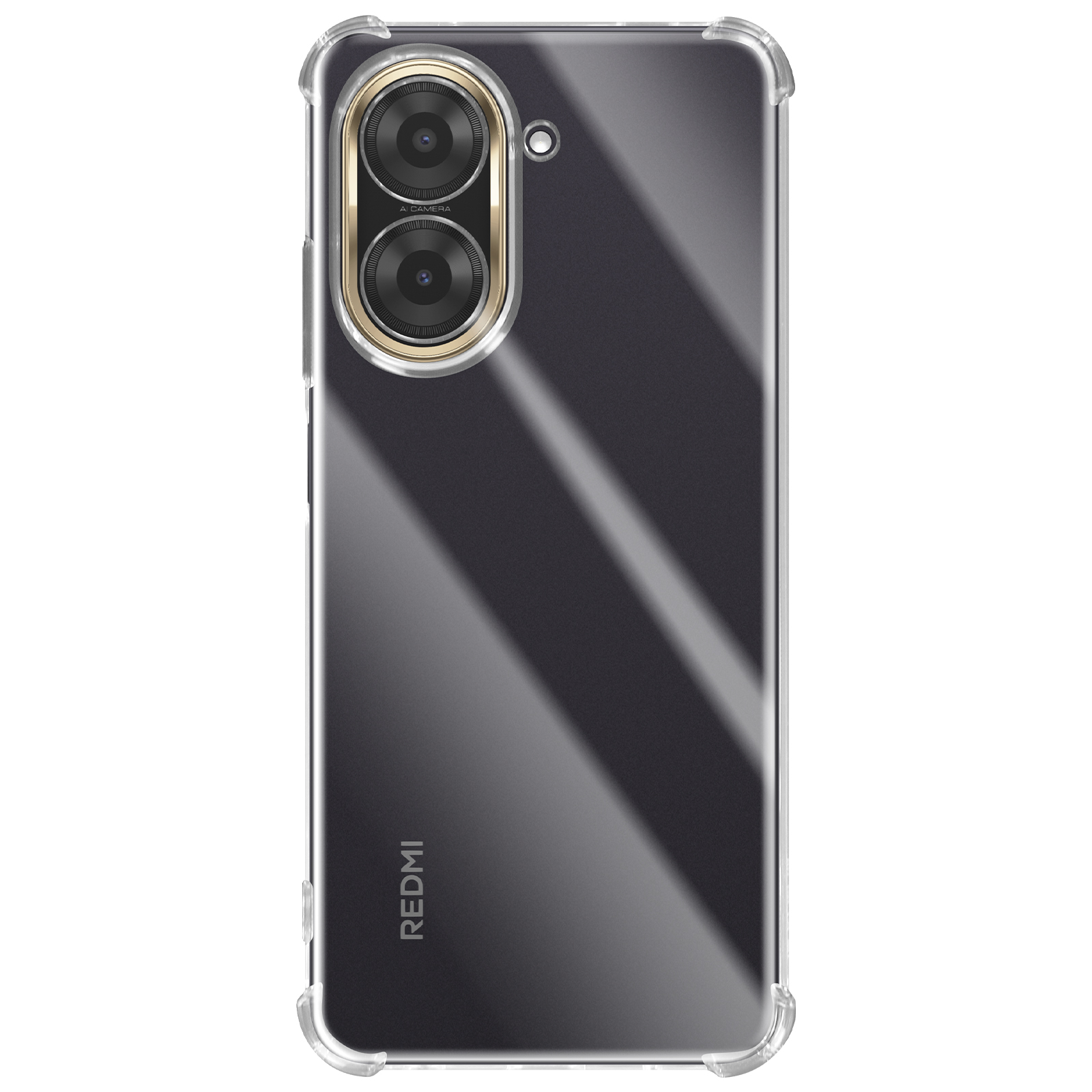 Custodia trasparente con telefono, lenti della fotocamera e telefono nero, cornice trasparente.