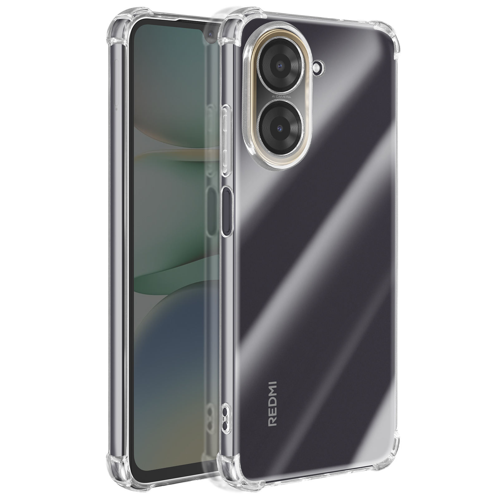 Telefono Redmi in una custodia trasparente. Mostra le lenti della fotocamera e i bordi del telefono.