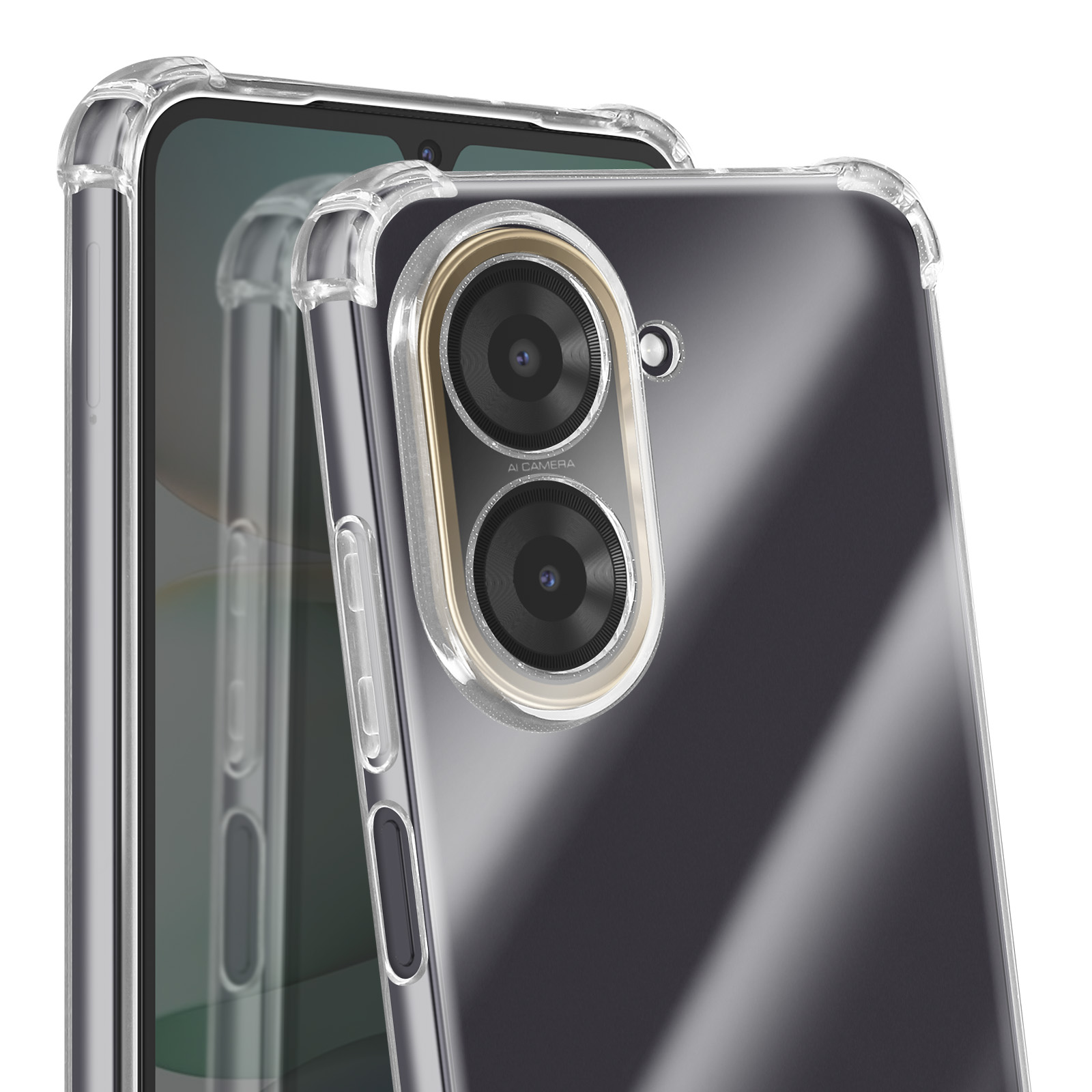 Primo piano di custodia trasparente con telefono, lenti della fotocamera e cornice attorno alla fotocamera.