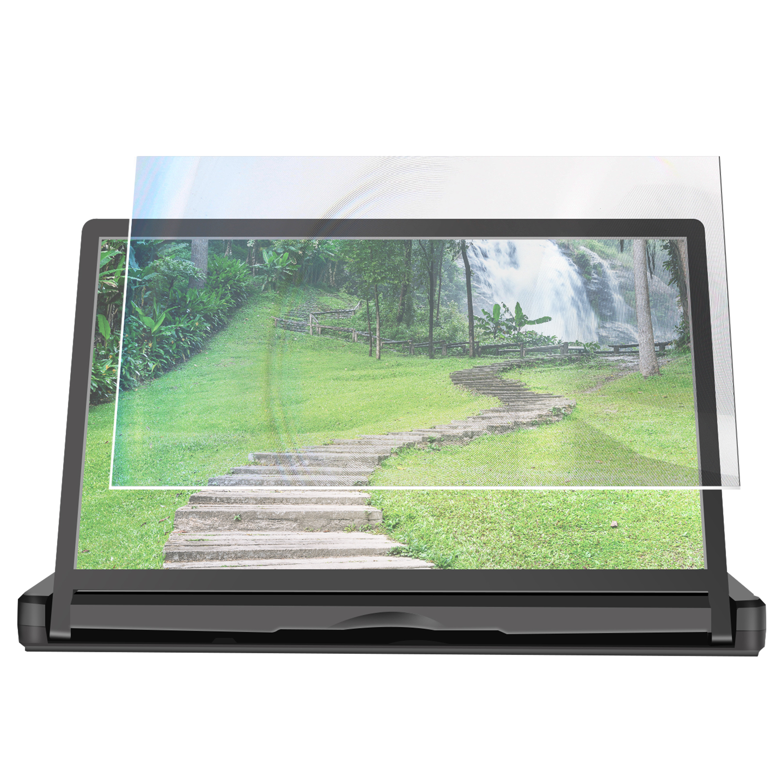 Lente d'ingrandimento per schermo che mostra lo schermo di un laptop con vista panoramica e cascata.