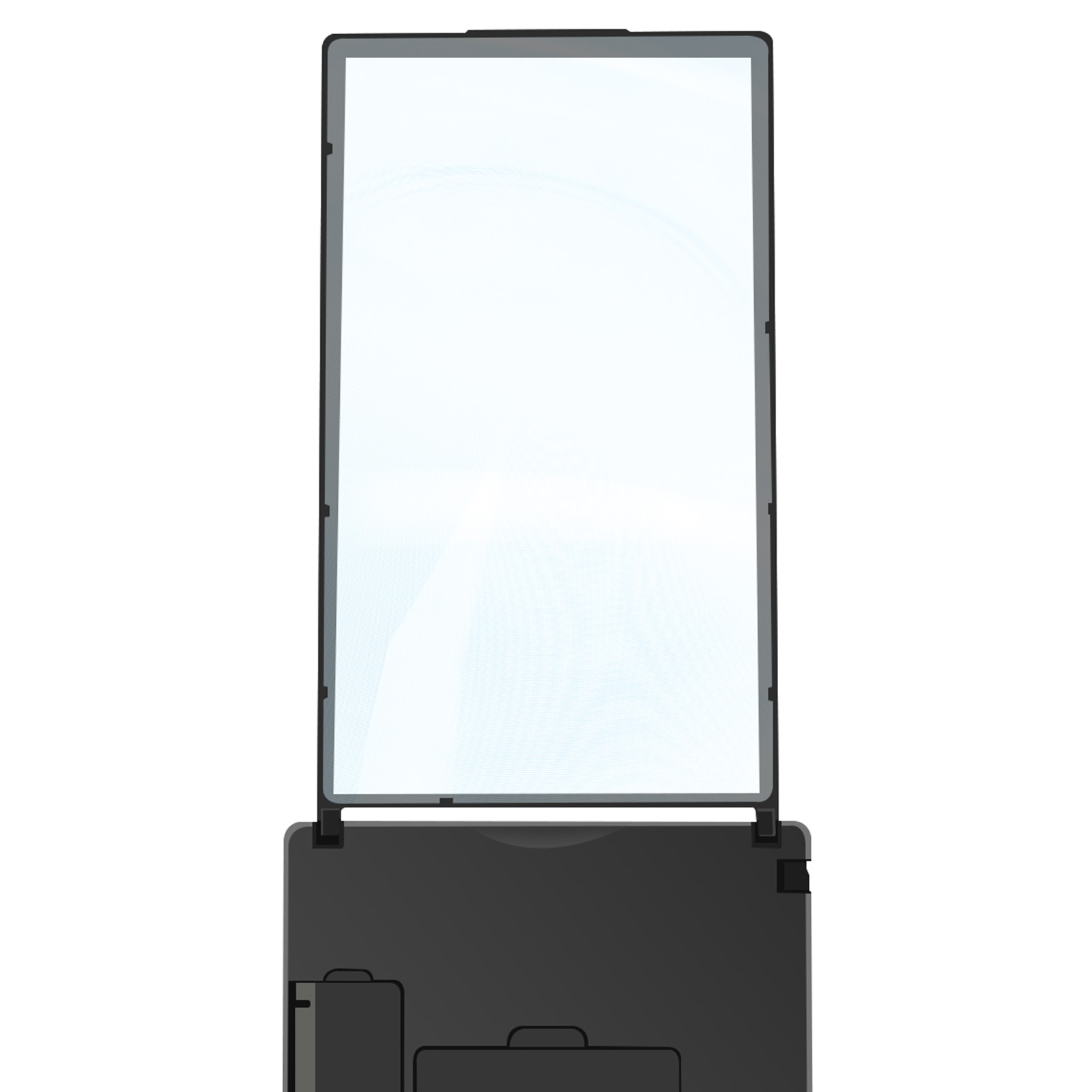 Ingranditore per schermo del telefono nero. Schermo bianco visualizzato. Sfondo bianco.