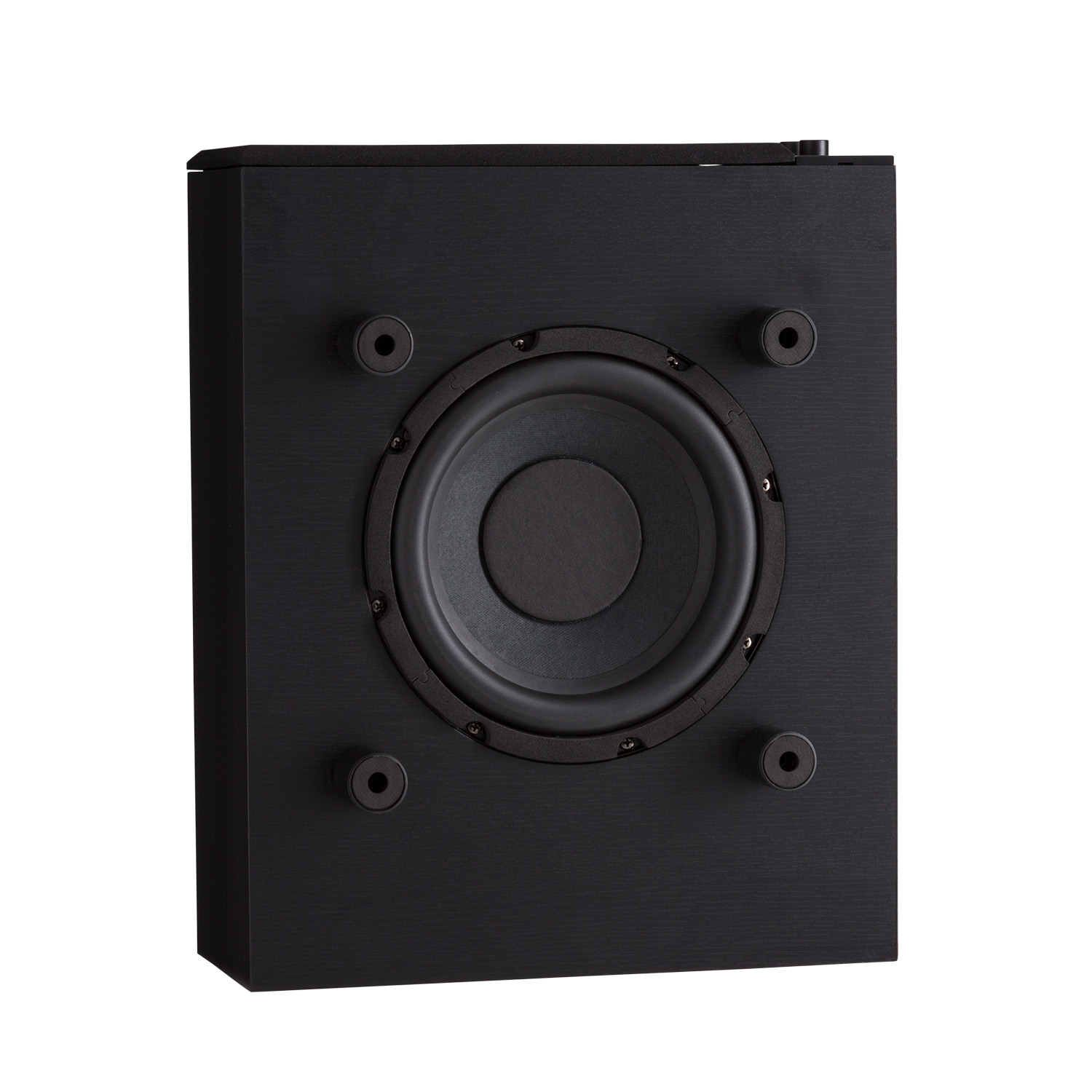 Ein schwarzer Subwoofer mit einem großen Lautsprecher in der Mitte und vier Befestigungslöchern.