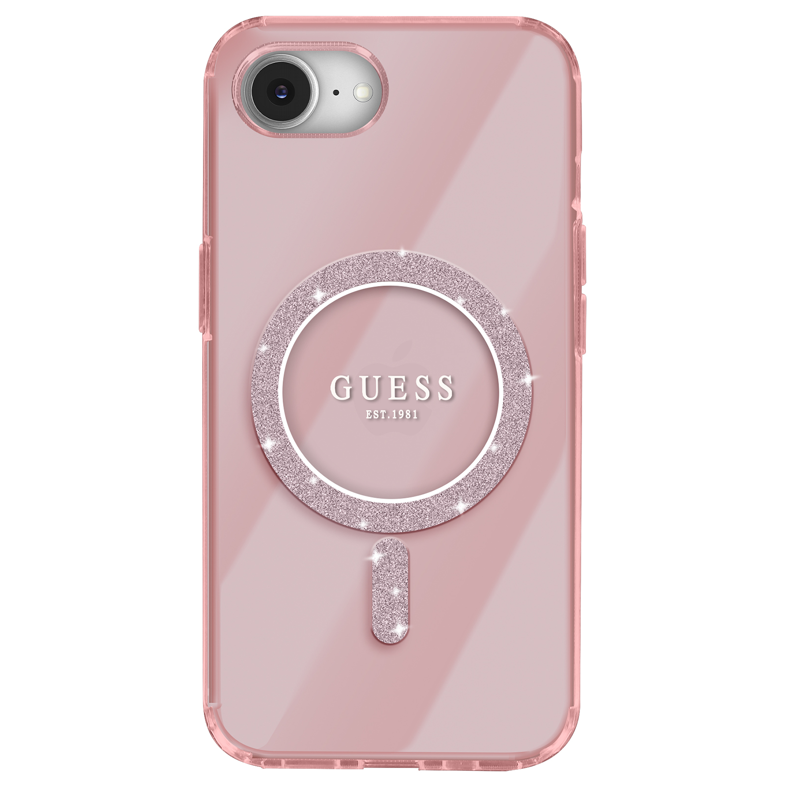 Custodia rosa per telefono con logo Guess. Trasparente con cerchio glitterato.
