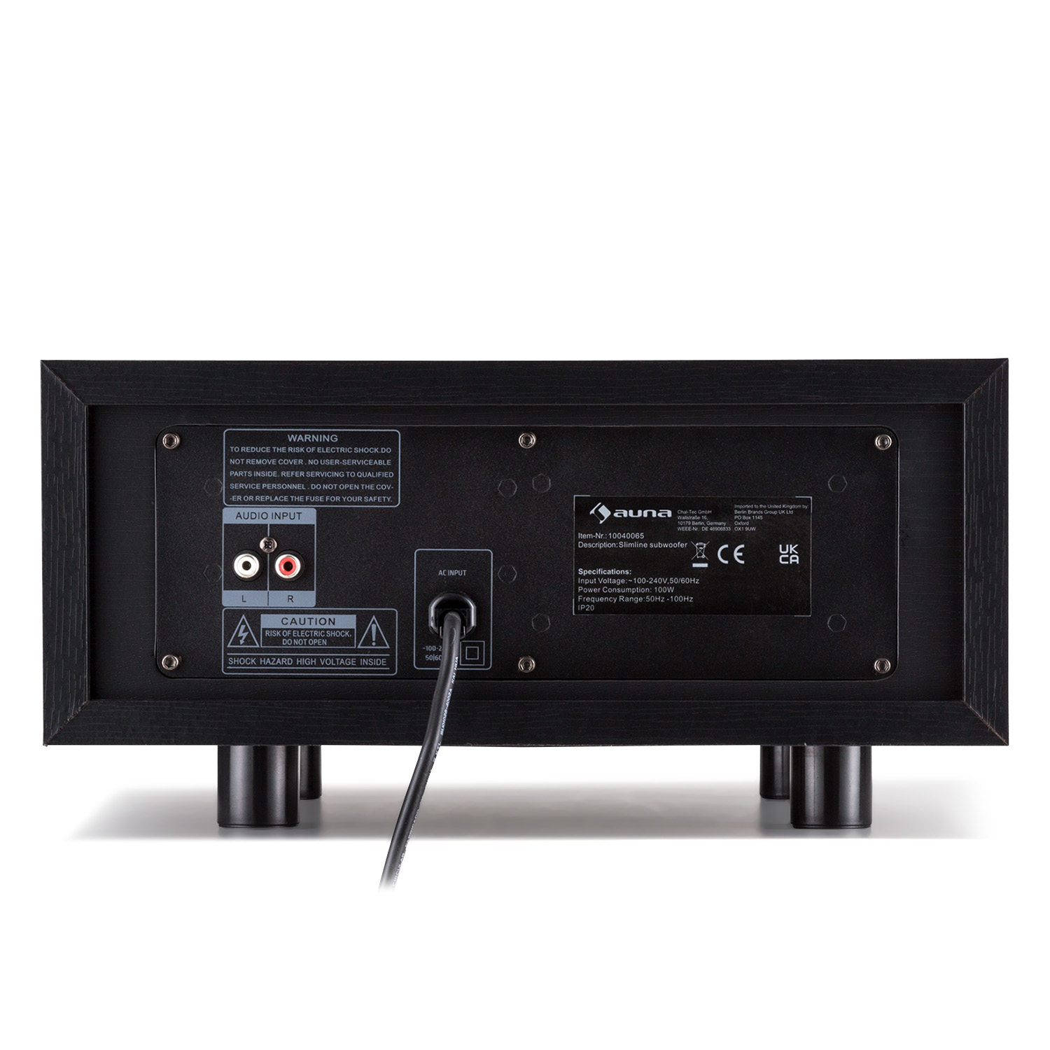 Rückseite eines schwarzen Subwoofers mit Anschlüssen und Warnhinweisen.