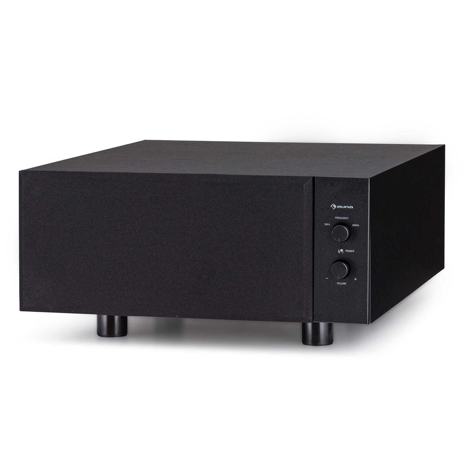 Schwarzer Subwoofer mit Reglern und Füßen. Marke Auna. Weißer Hintergrund.