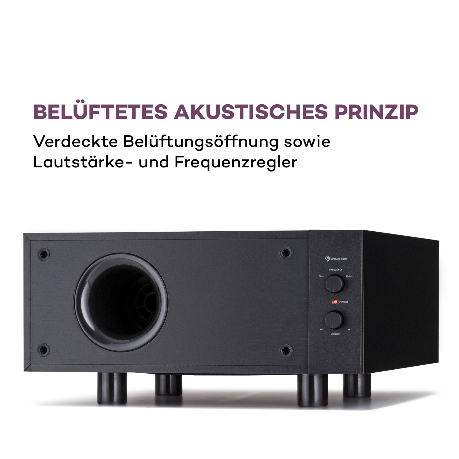 Schwarzer Subwoofer mit großem Lautsprecher, Leistungs- und Lautstärkereglern und runder Öffnung.