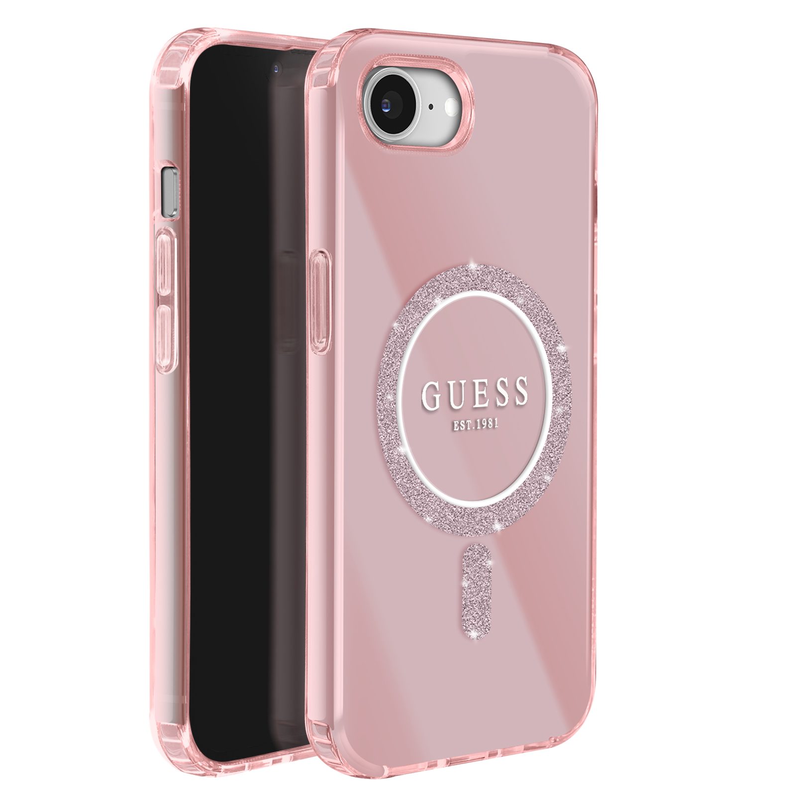 Custodia rosa per telefono con anello glitterato e logo GUESS. Sfondo bianco.