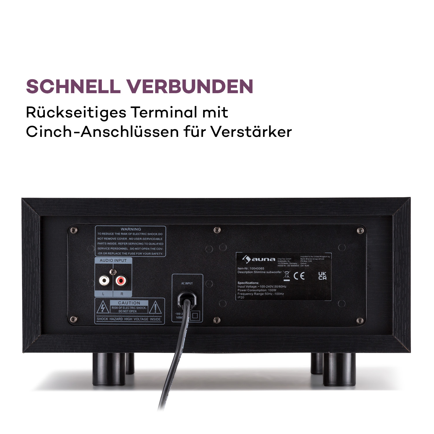 Rückseite eines schwarzen Subwoofers mit Anschlüssen und Etiketten.