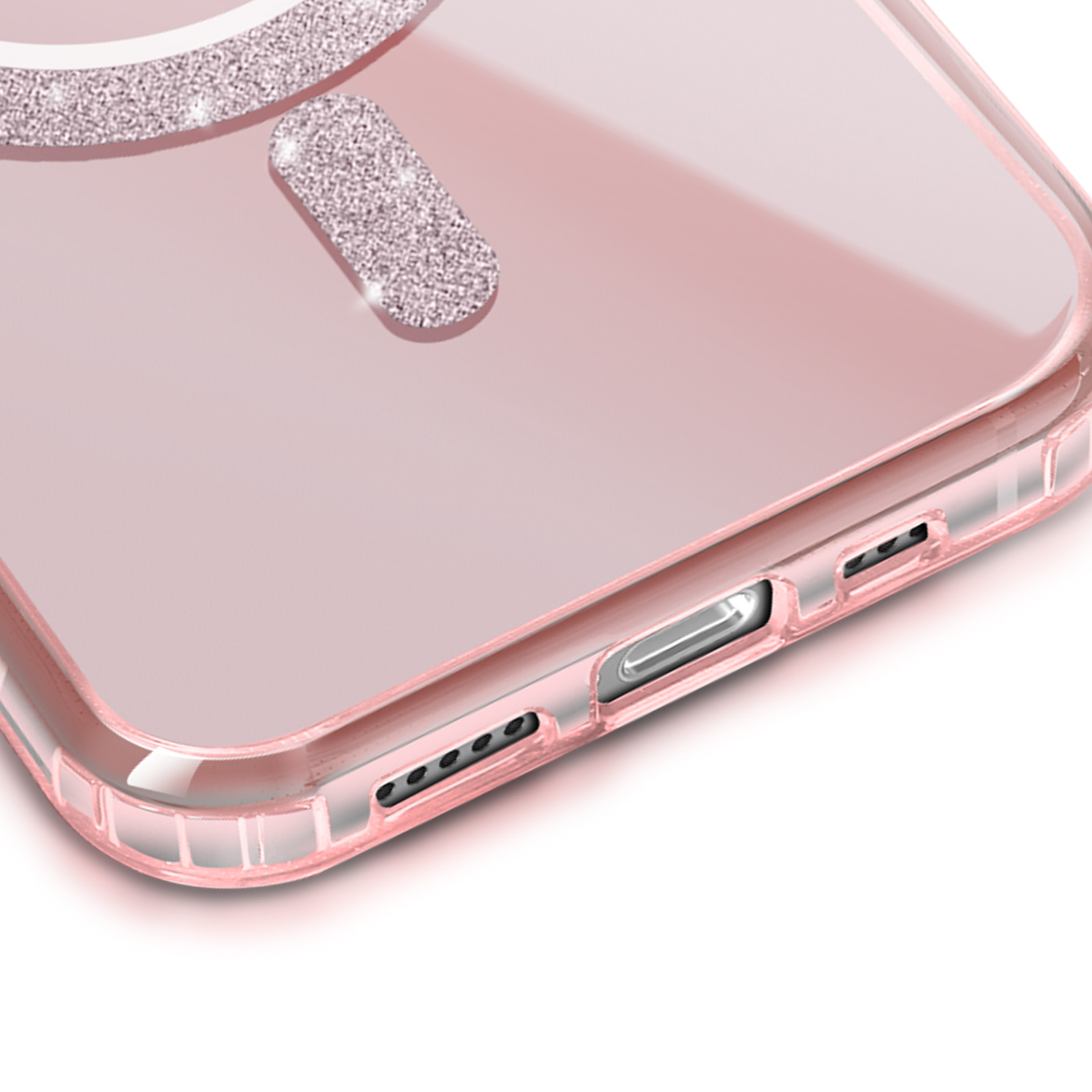 Custodia per telefono: rosa, con dettaglio a cerchio glitterato attorno alla fotocamera posteriore.