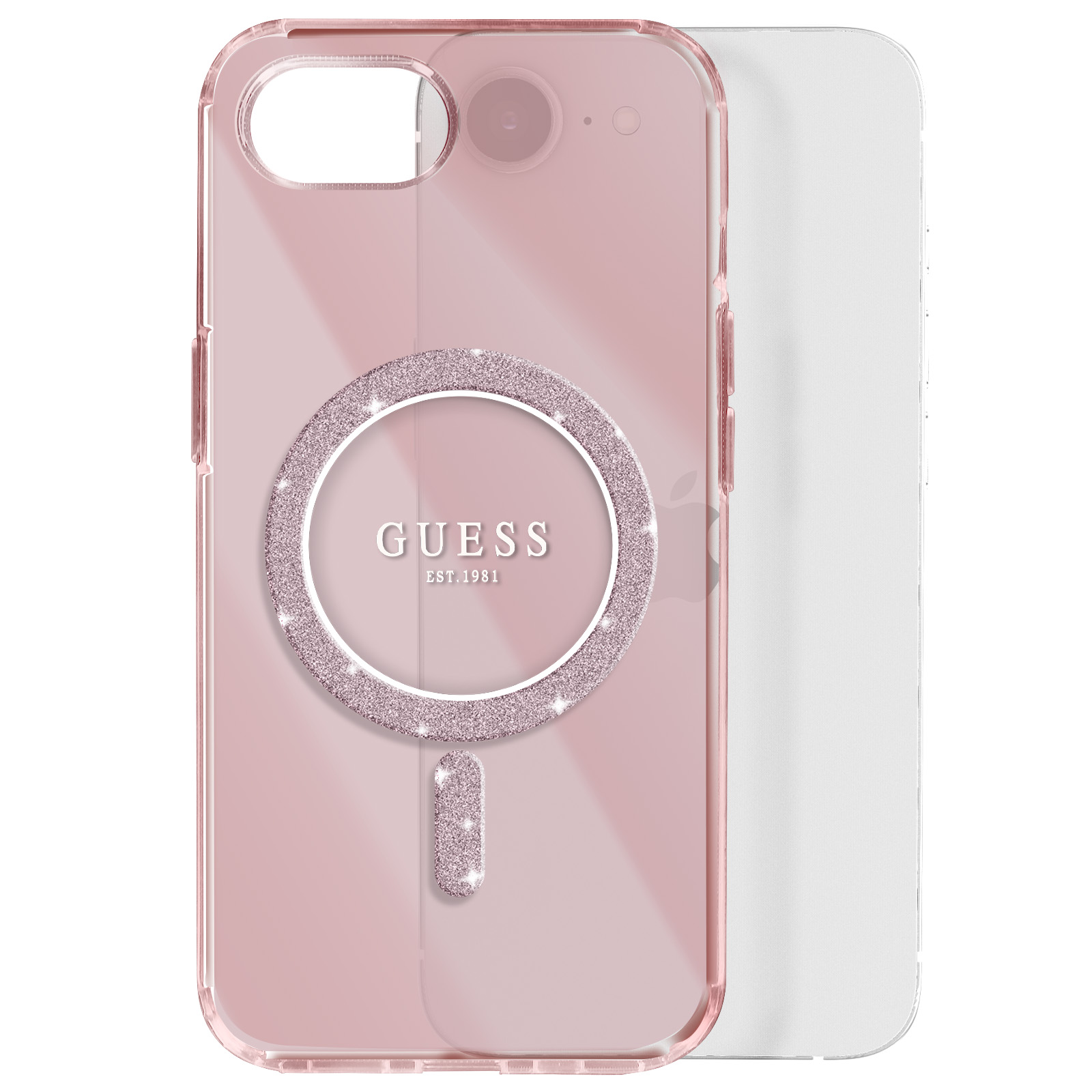 Custodia rosa per telefono con anello glitterato e logo GUESS. Sfondo bianco.