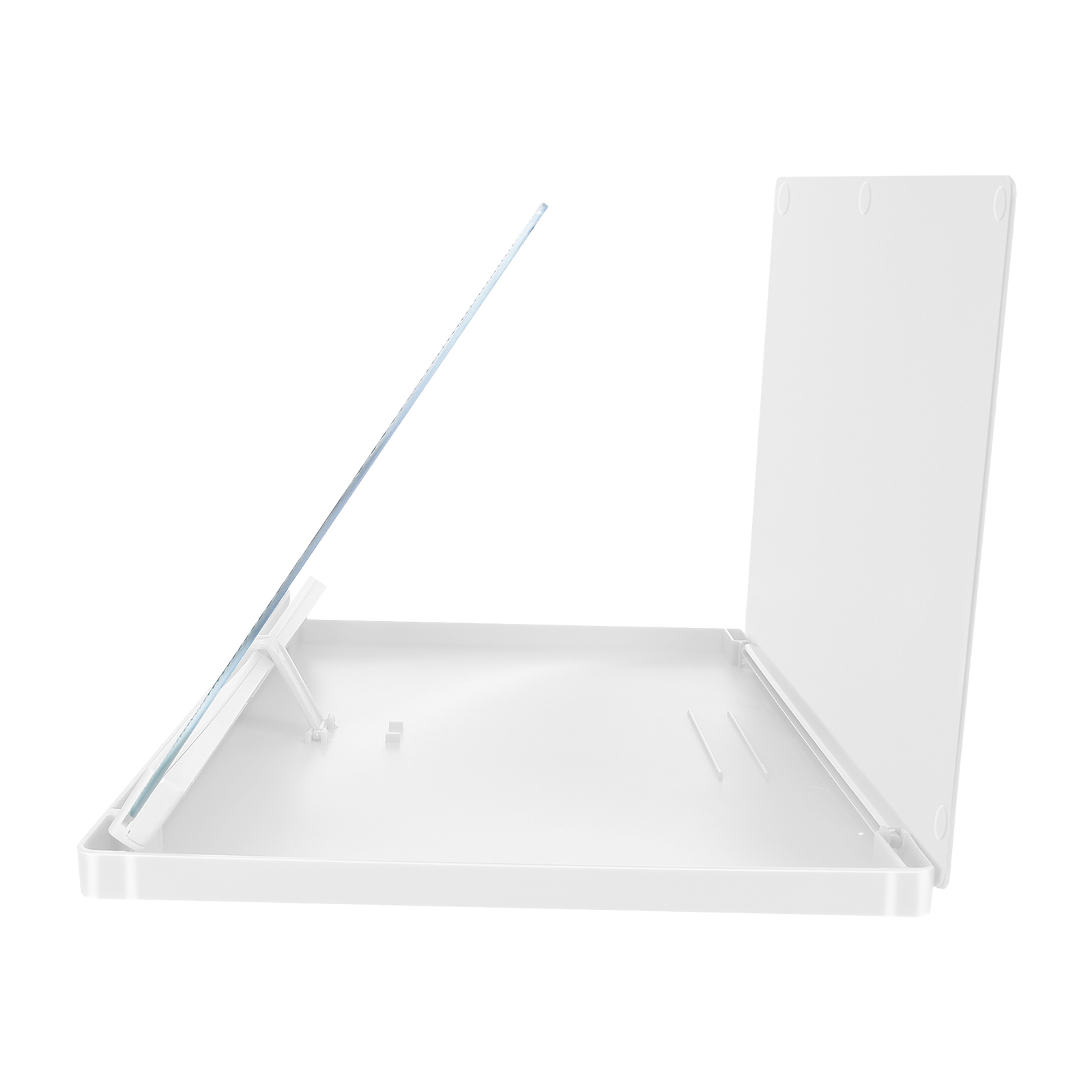 Lente d'ingrandimento per schermo del telefono in plastica bianca, aperta, con schermo trasparente, su superficie bianca.